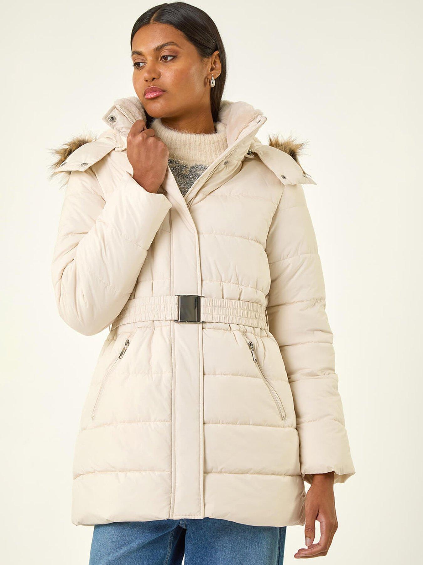 Roman Faux Fur Padded Belt Coat - Beige