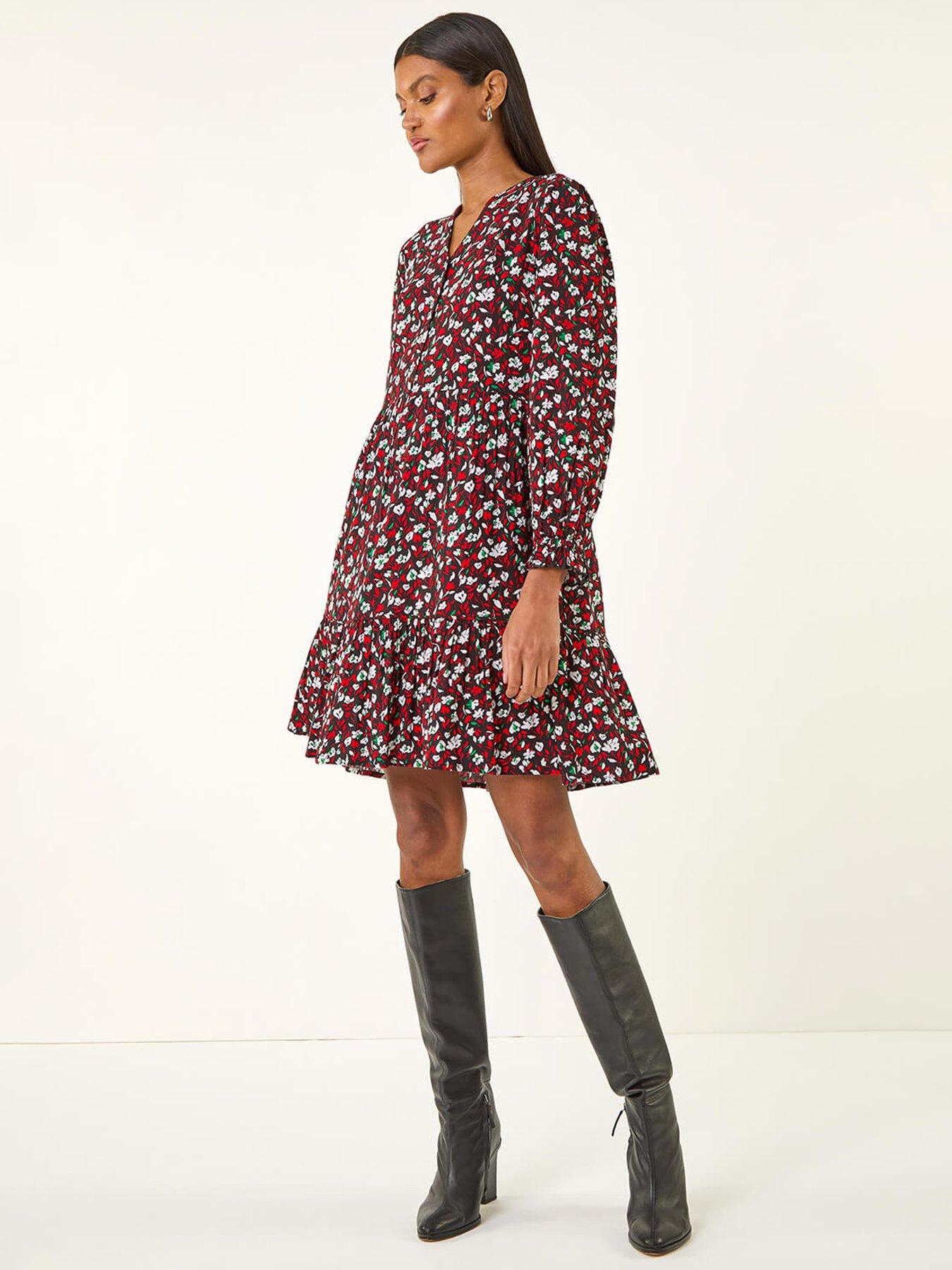 Image 1 of 5 of Roman Floral Print Buttoned Dress - Red