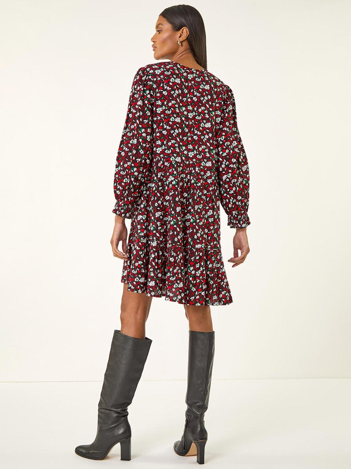 Image 2 of 5 of Roman Floral Print Buttoned Dress - Red