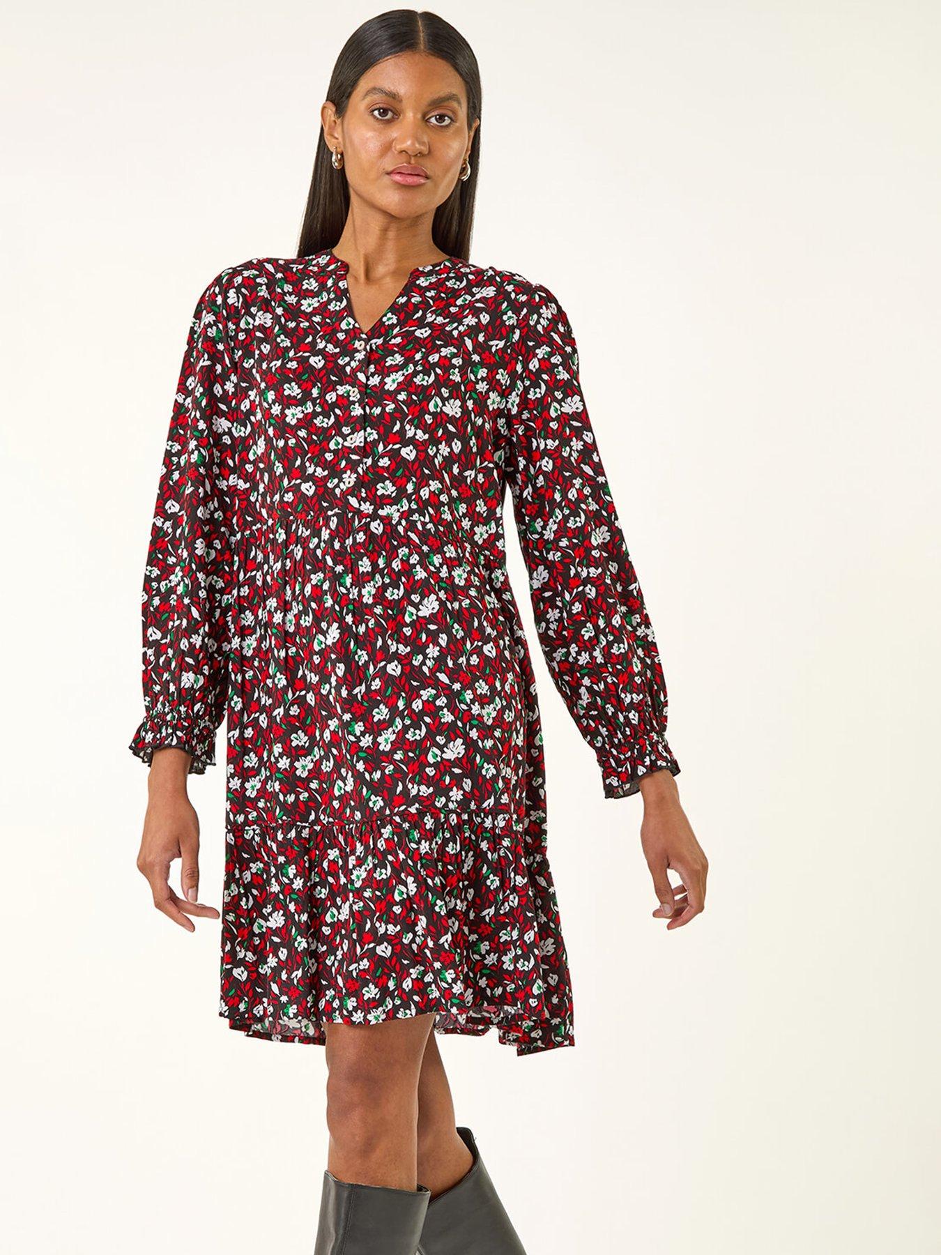 Image 3 of 5 of Roman Floral Print Buttoned Dress - Red