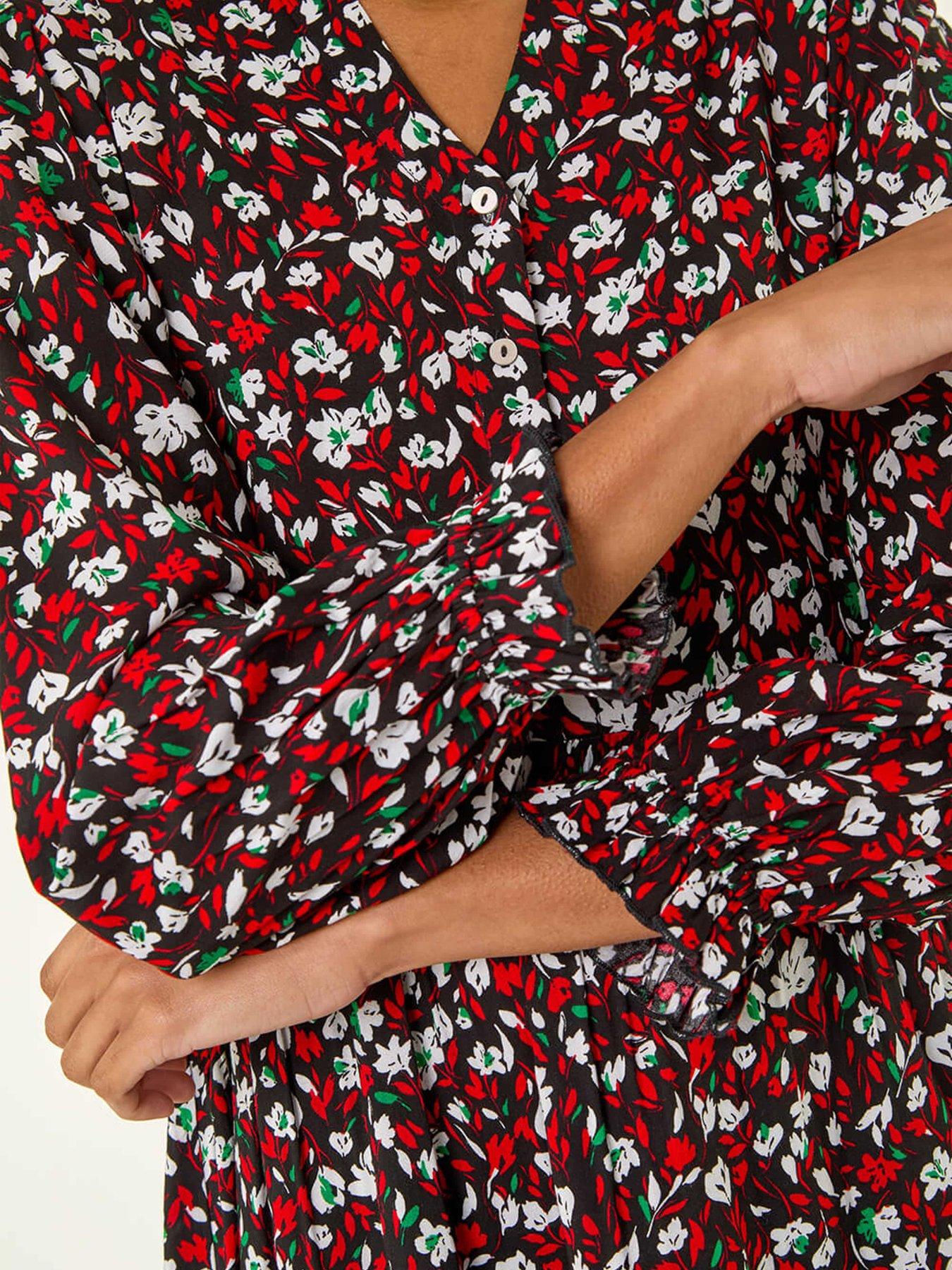 Image 5 of 5 of Roman Floral Print Buttoned Dress - Red