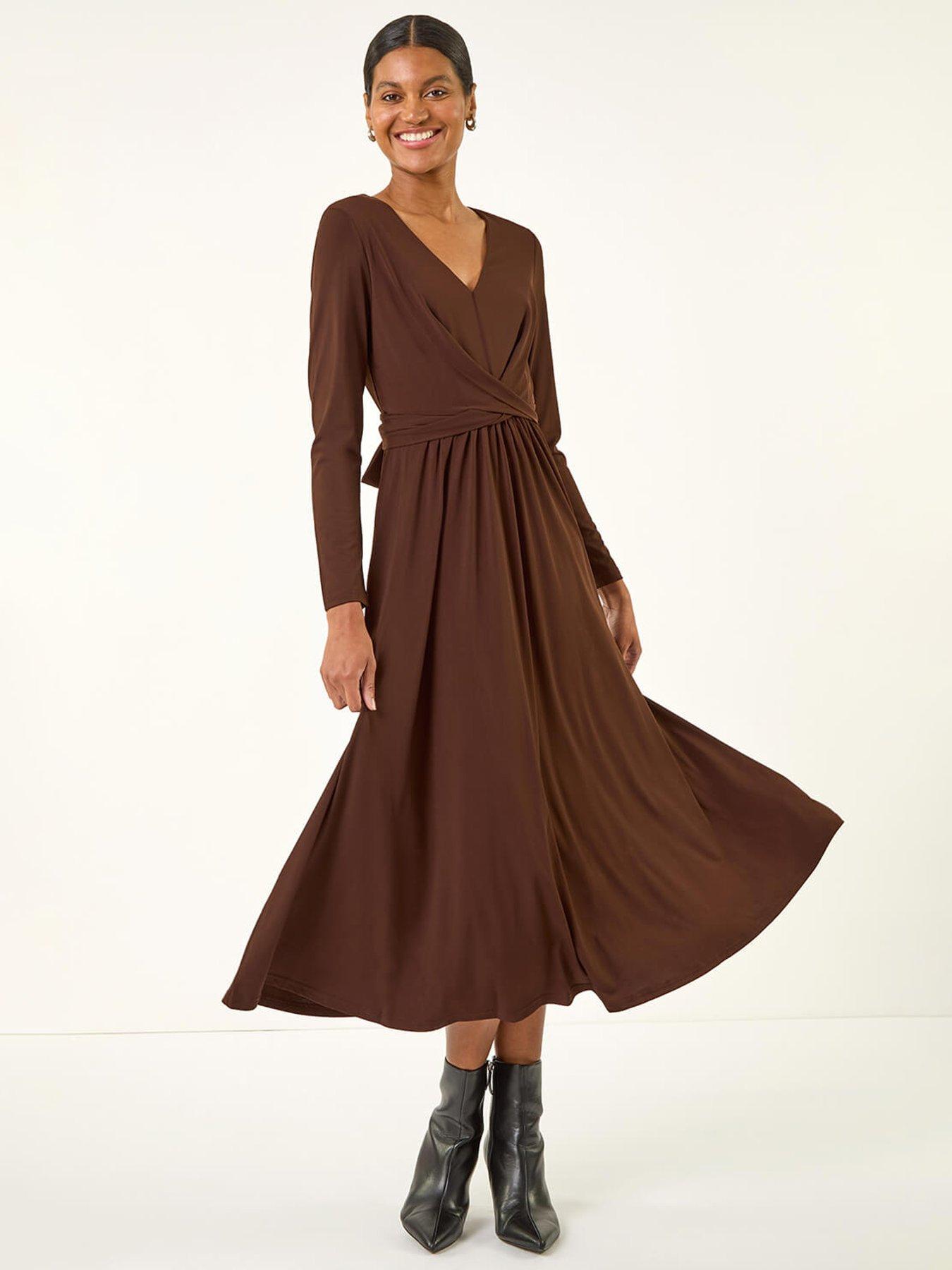 Image 1 of 5 of Roman Twist Front Stretch Midi Dress - Brown