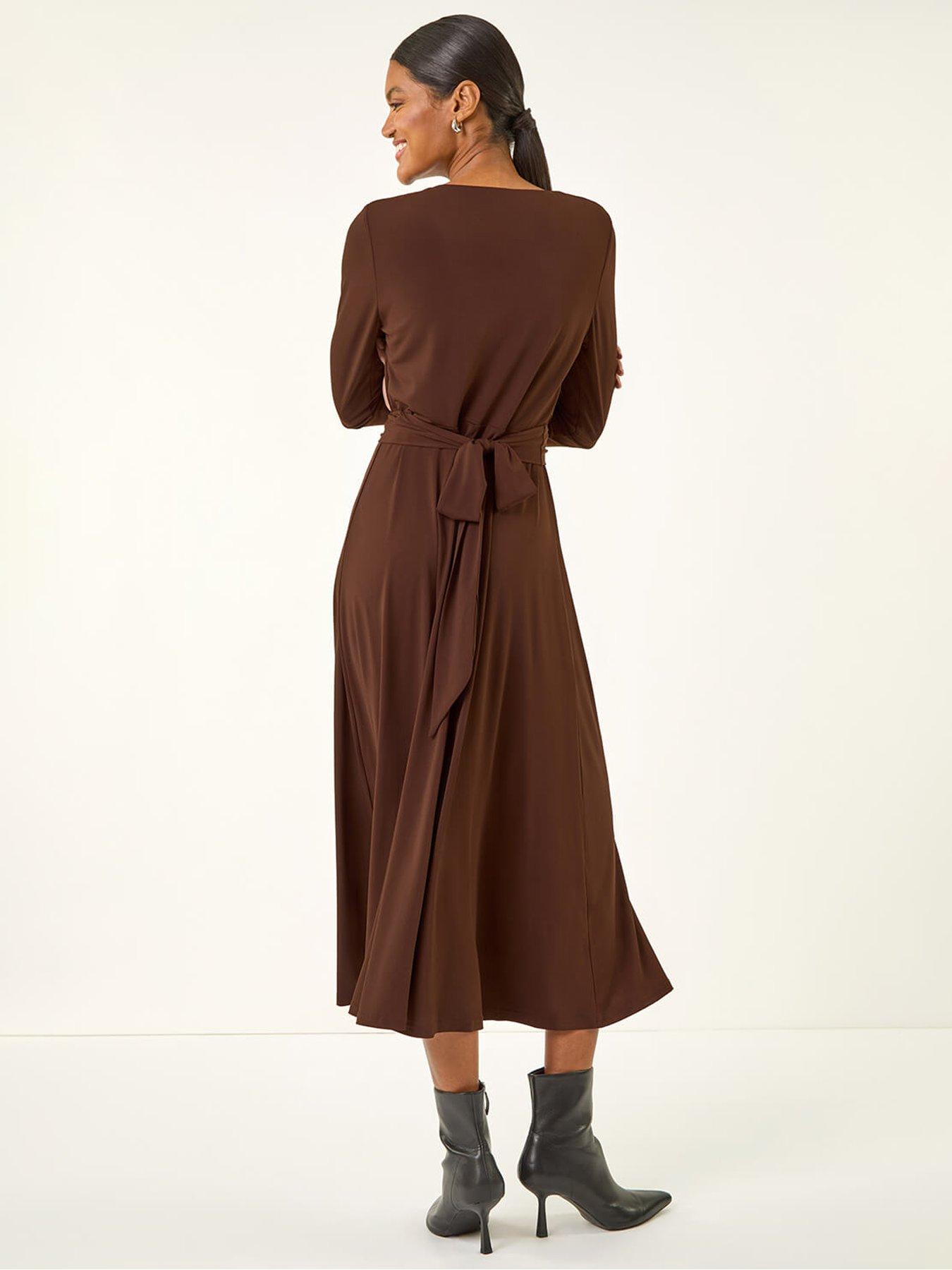 Image 2 of 5 of Roman Twist Front Stretch Midi Dress - Brown
