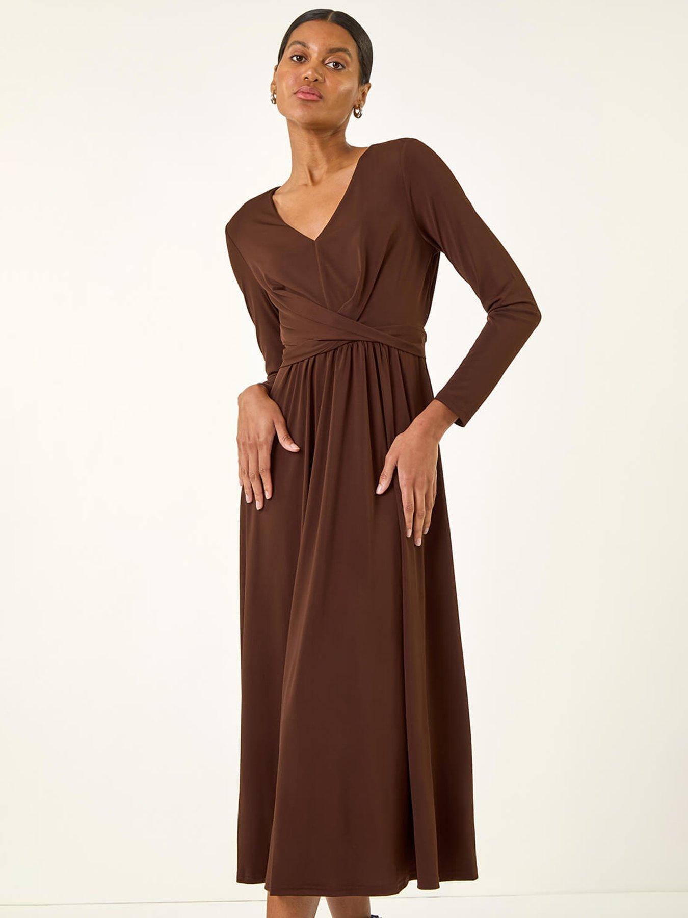 Image 3 of 5 of Roman Twist Front Stretch Midi Dress - Brown