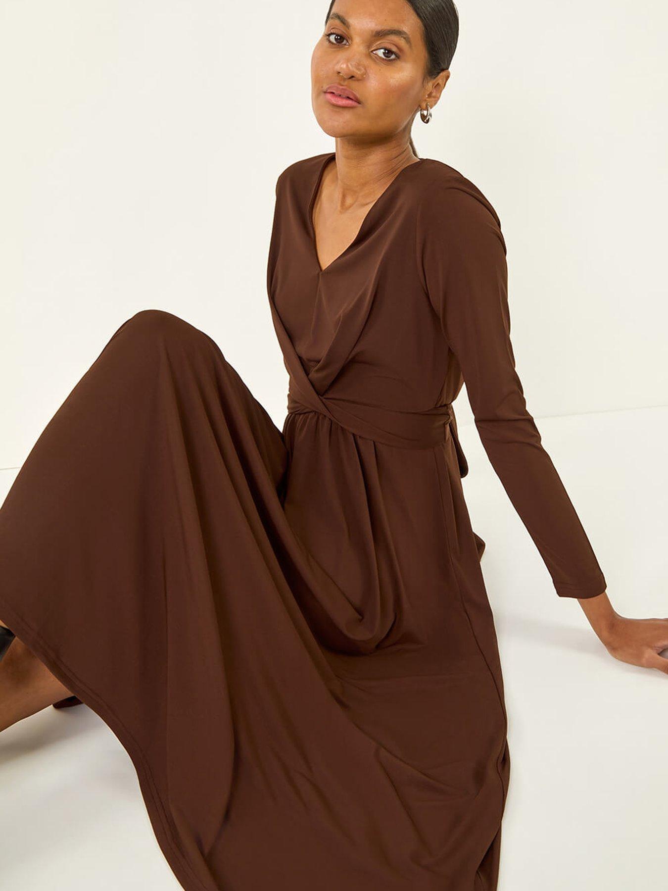 Image 4 of 5 of Roman Twist Front Stretch Midi Dress - Brown