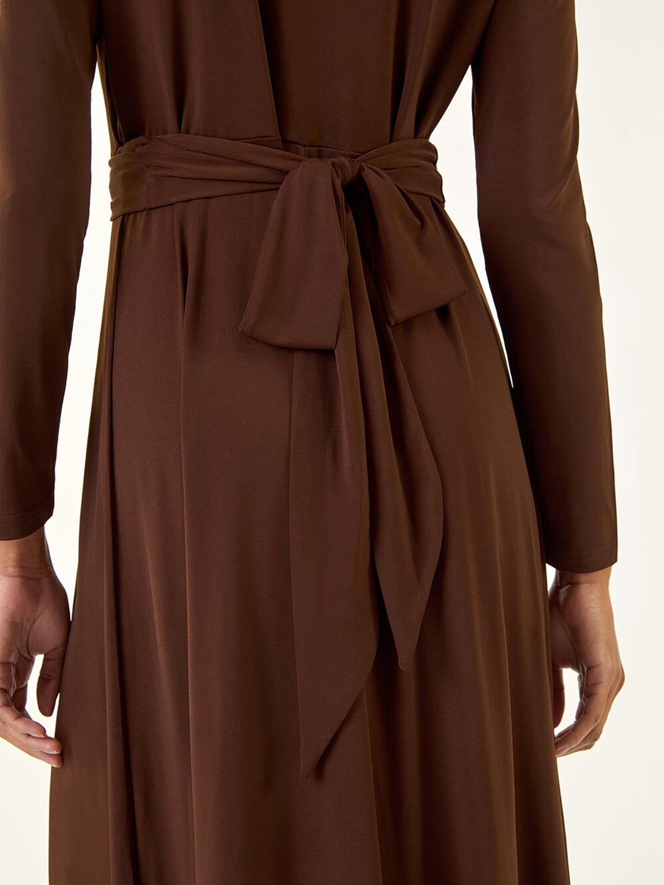 Image 5 of 5 of Roman Twist Front Stretch Midi Dress - Brown