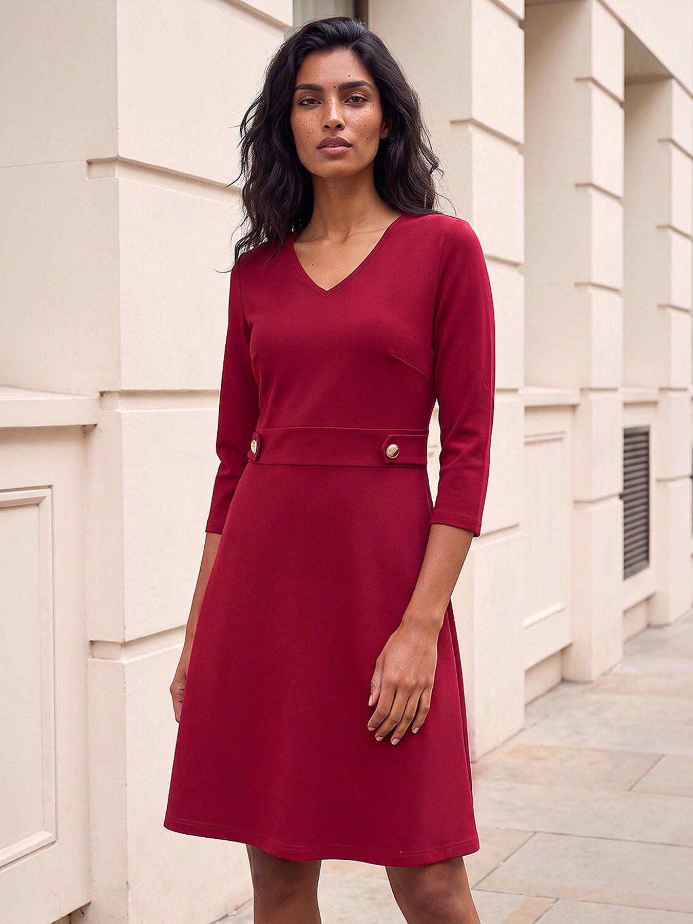 roman-v-neck-buttoned-stretch-dress-red