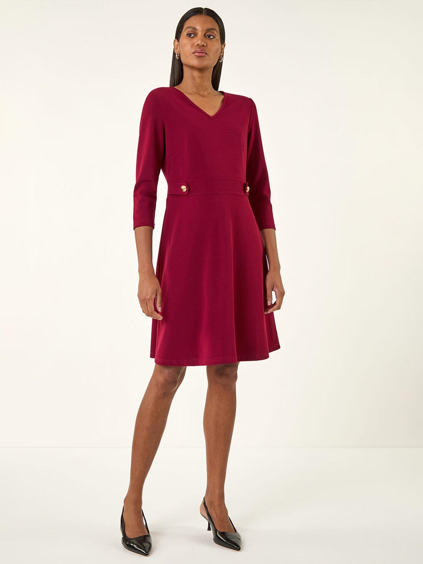 Roman V-Neck Buttoned Stretch Dress - Red