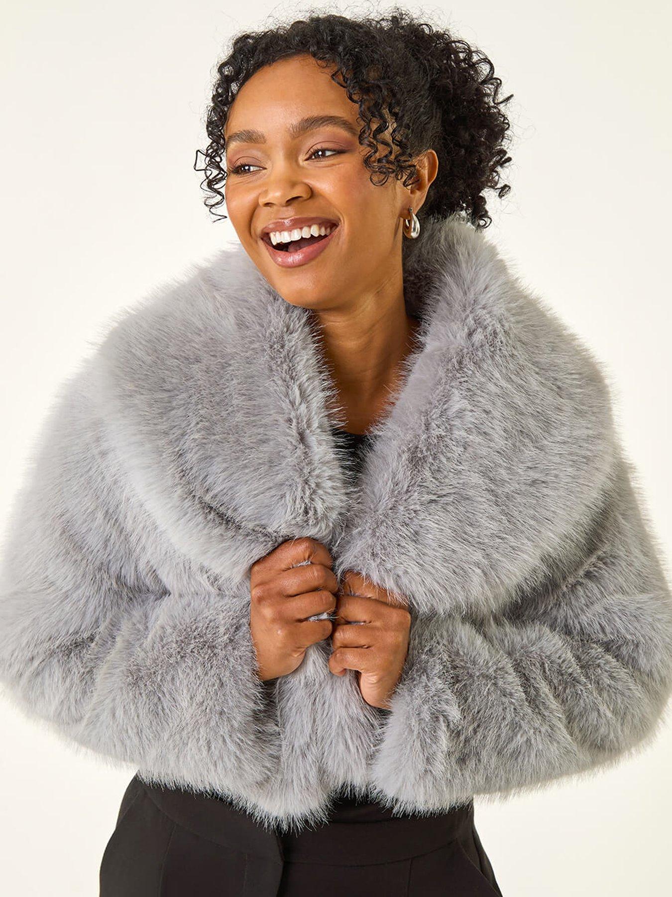 Roman Petite Cropped Fur Coat - Grey