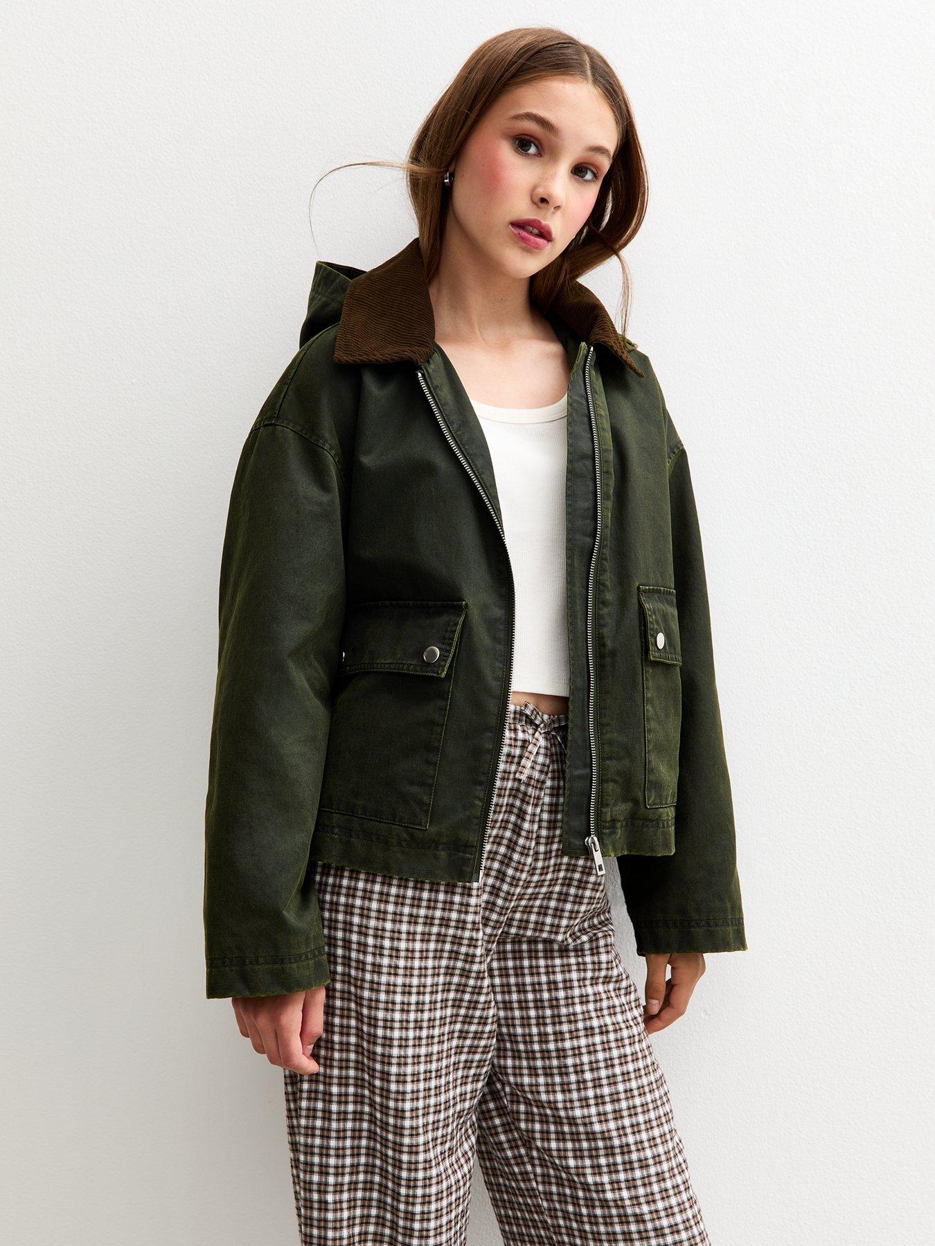 new-look-915-girls-dark-khaki-coated-hooded-jacket-dark-khaki