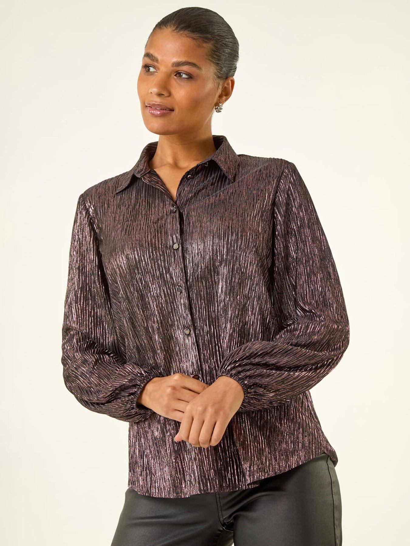 roman-foil-plisse-button-through-blouse-redfront