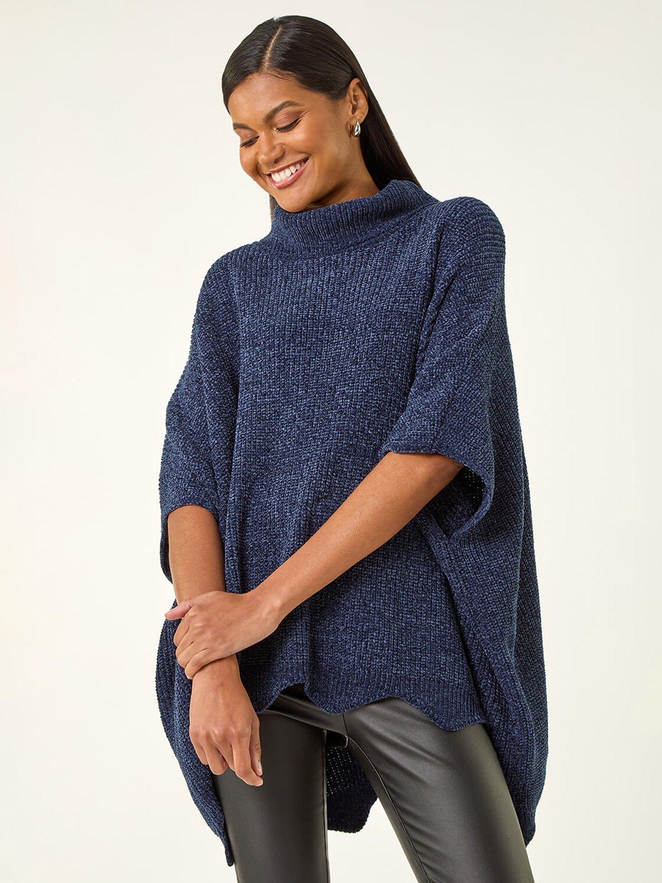 Roman Roll Neck Chenille Knit Poncho - Navy