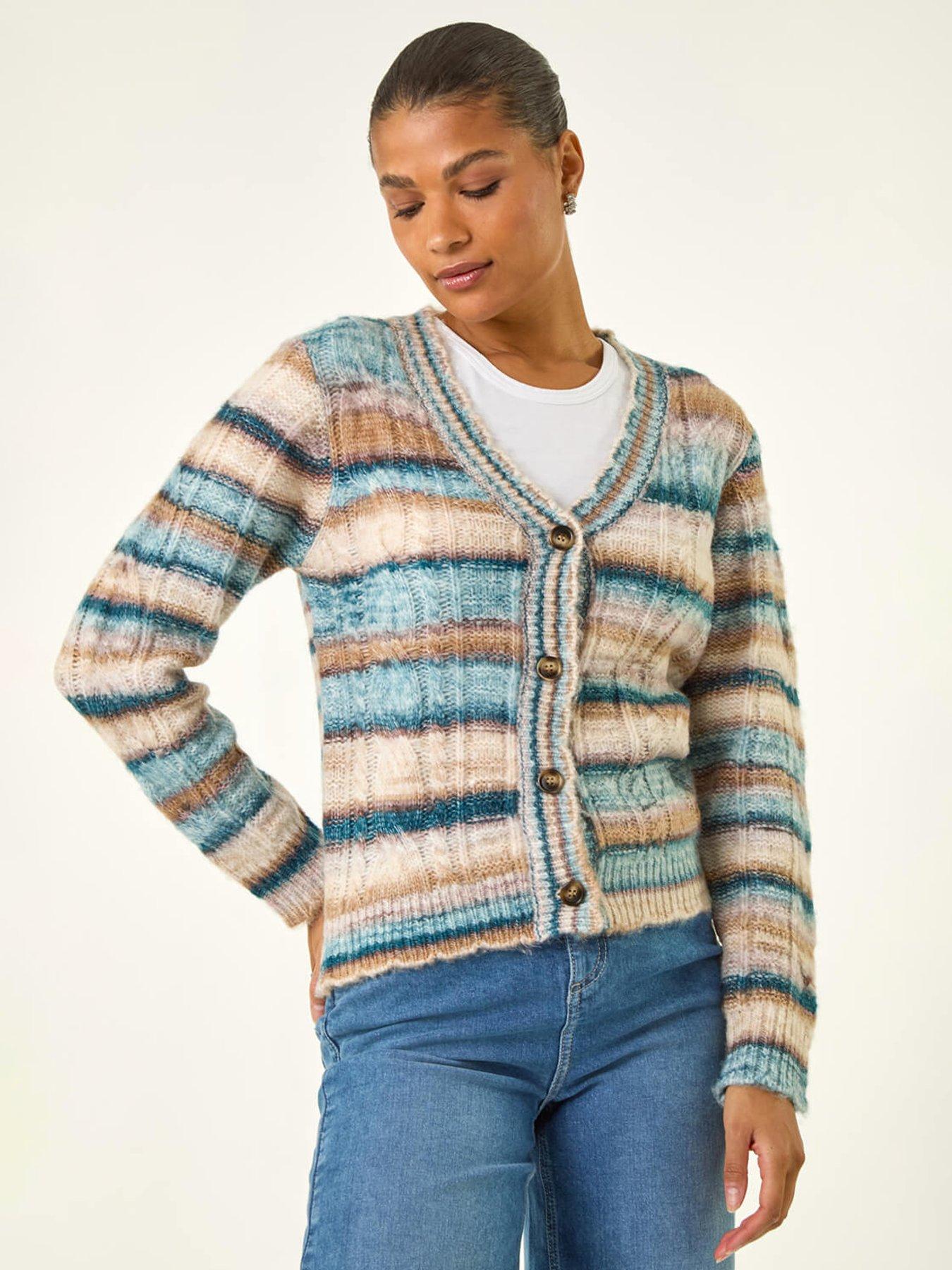 Roman Stripe Buttoned Cable Knit Cardigan - Blue