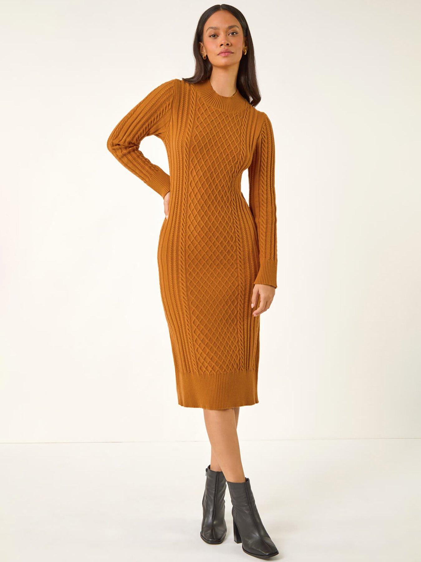 Roman Dusk Cable Knit Midi Jumper Dress - Orange