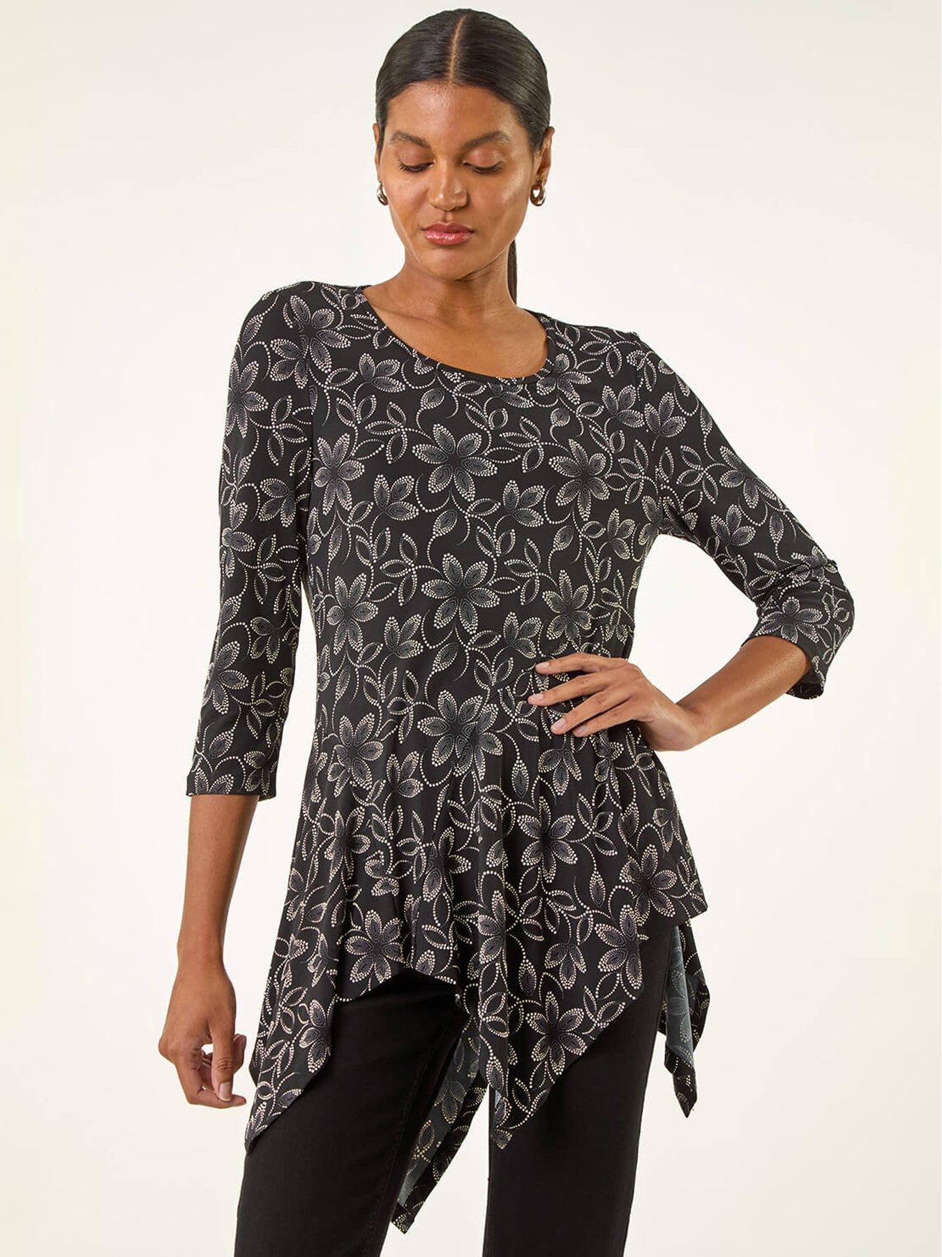 roman-floral-print-asymmetric-tunic-top-black