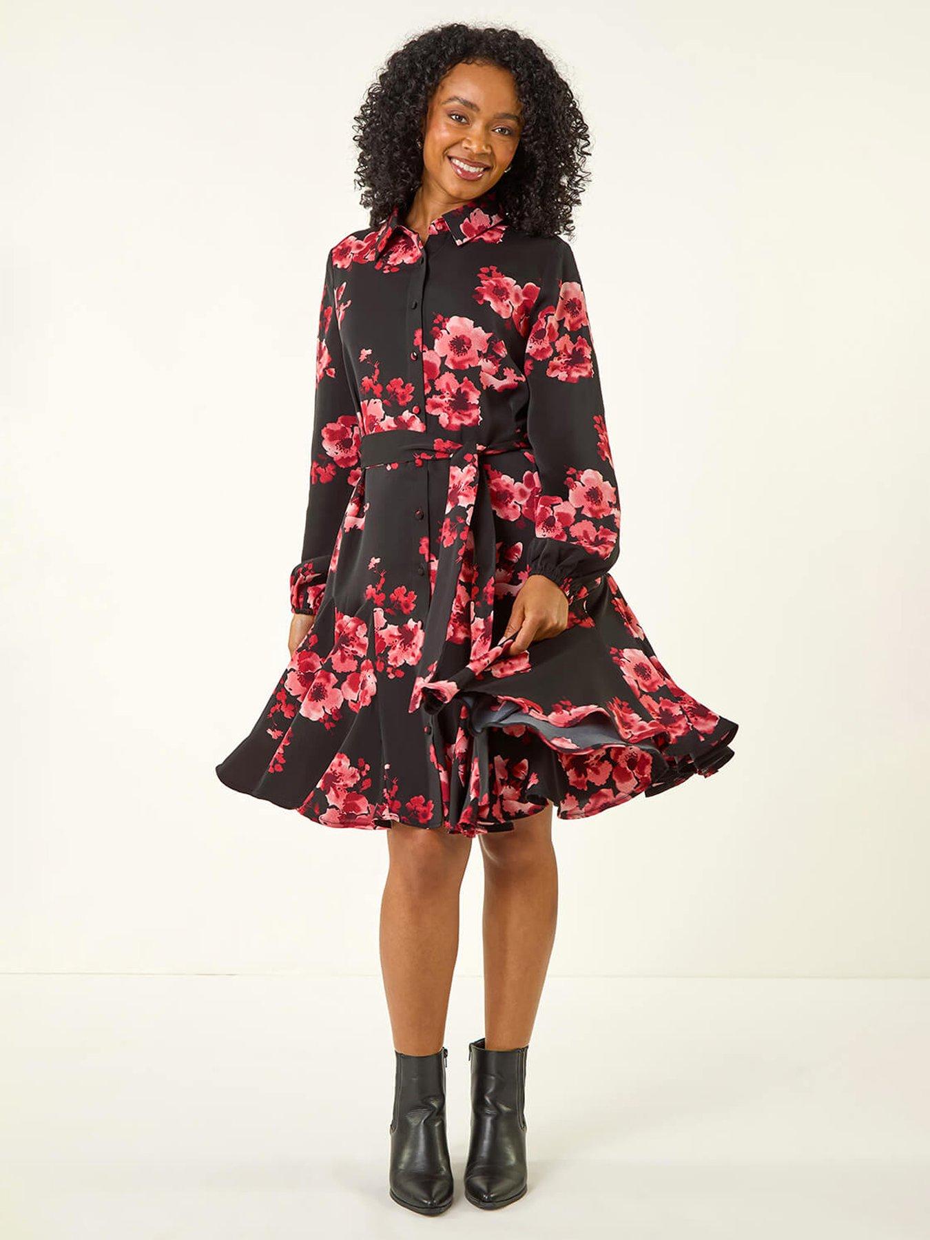 roman-petite-floral-print-shirt-dress-red