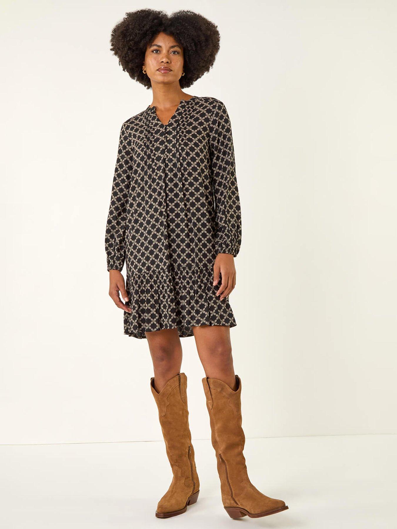 Image 1 of 5 of Roman Geo Print Pintuck Smock Dress - Black