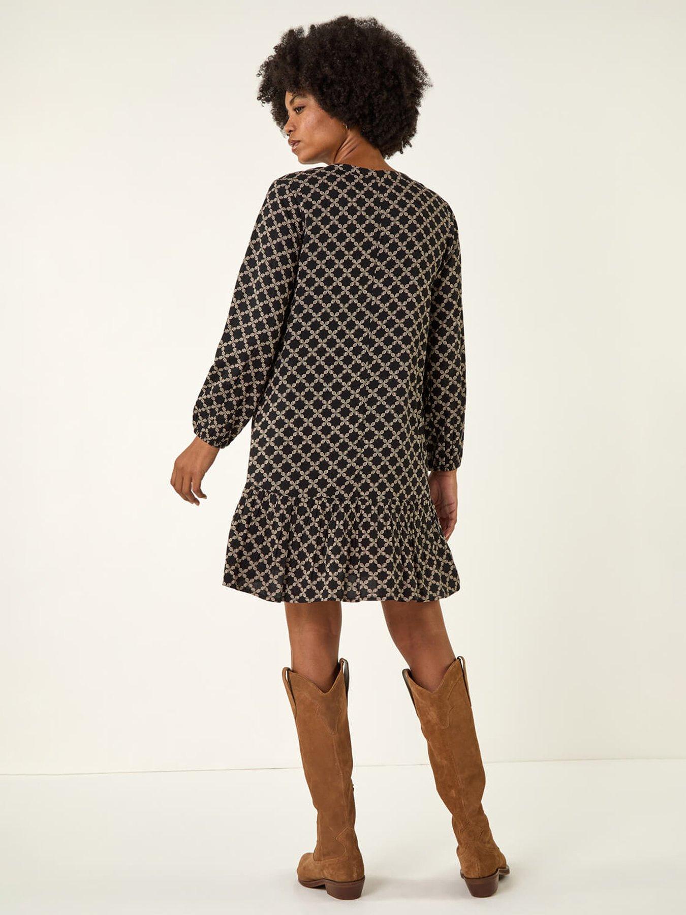 Image 2 of 5 of Roman Geo Print Pintuck Smock Dress - Black