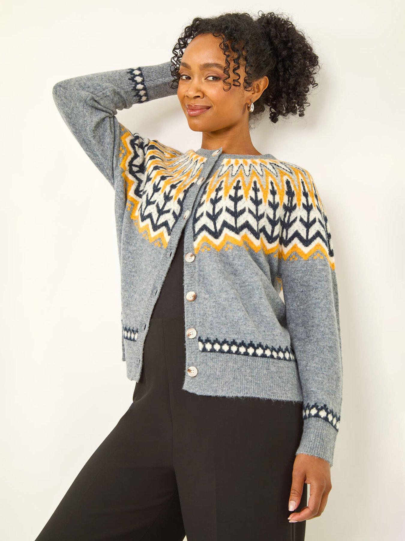 Roman Petite Fairisle Buttoned Knit Cardigan - Grey