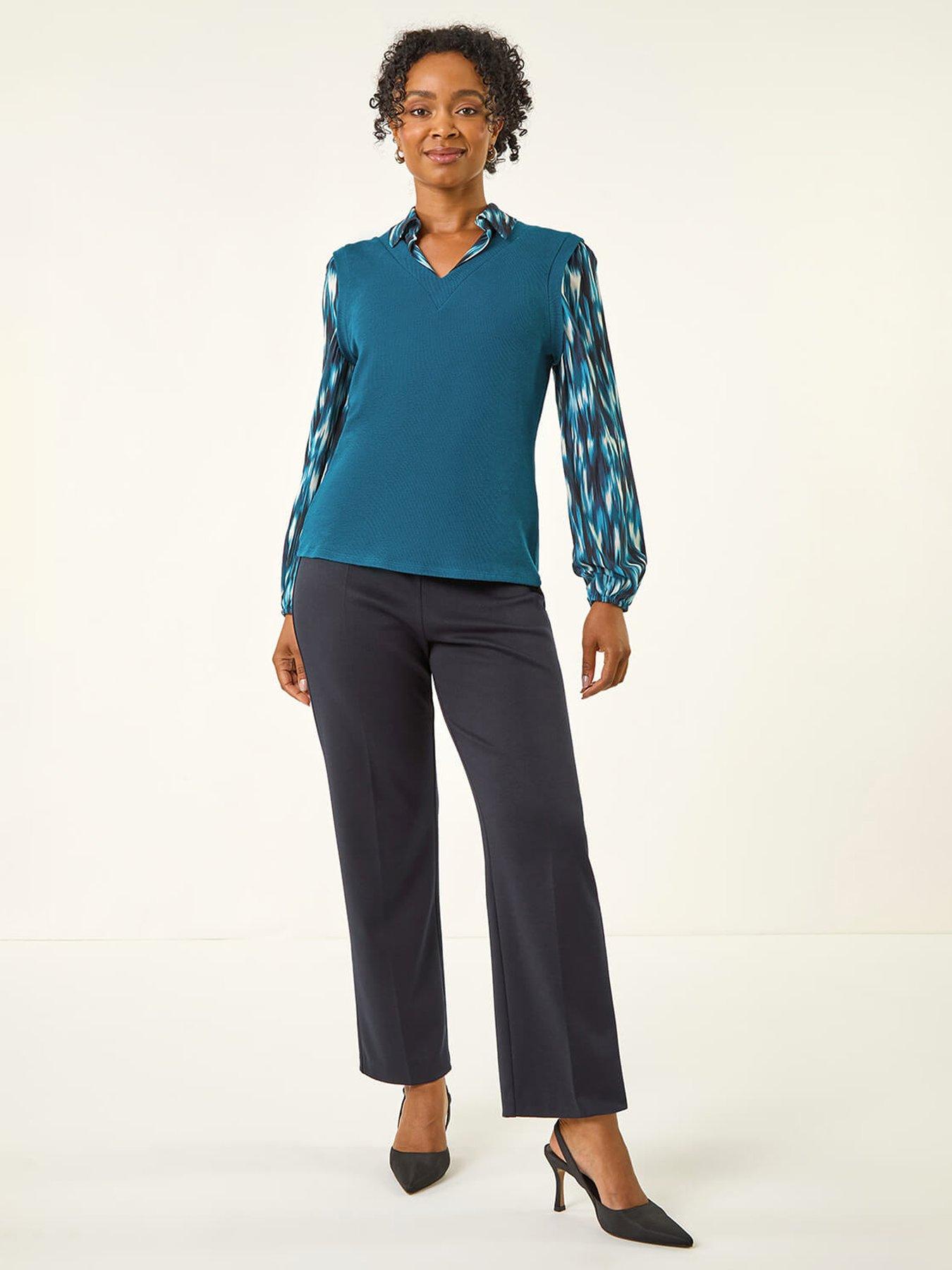 Image 3 of 5 of Roman Petite Constrast V-neck Top - Blue