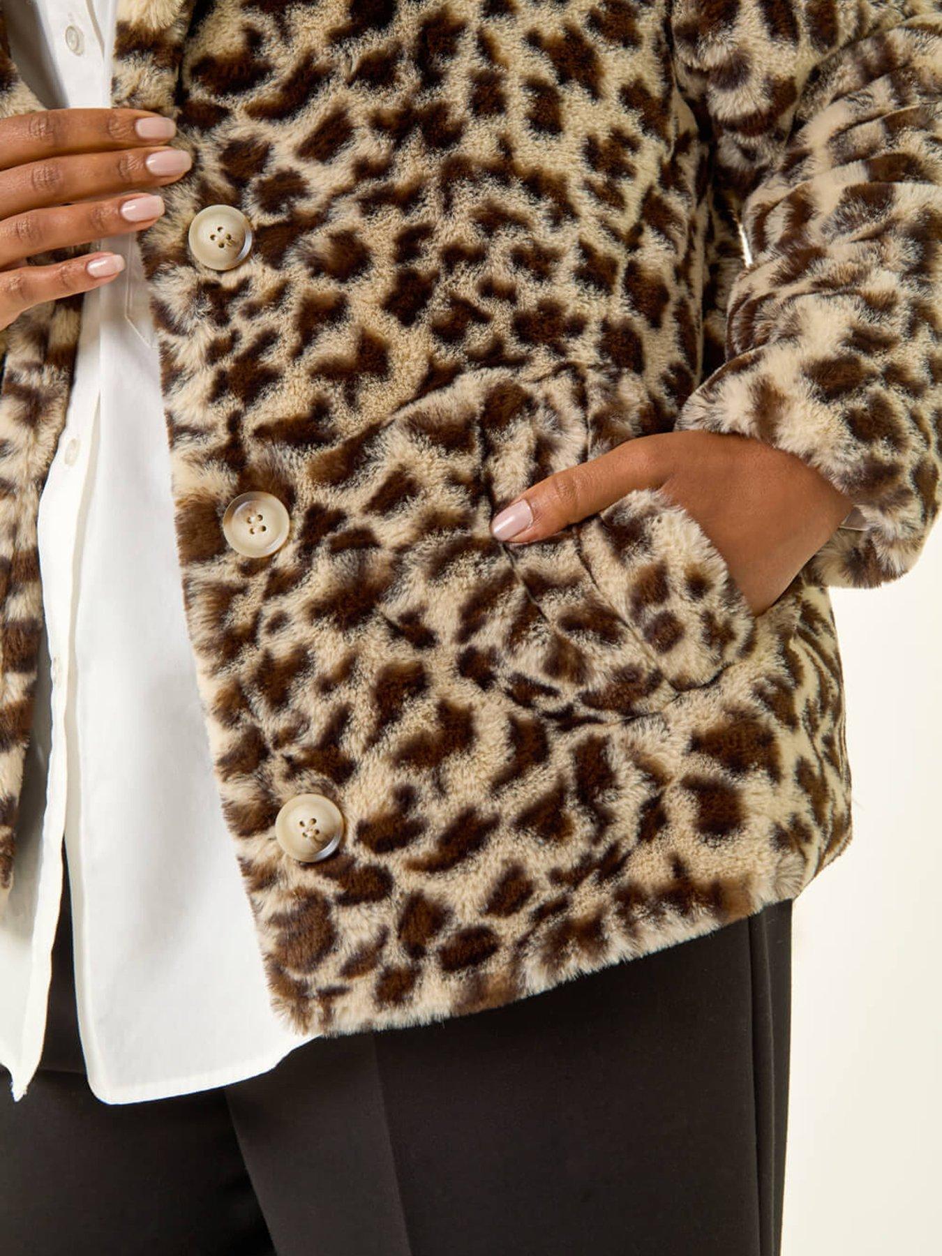 Image 5 of 5 of Roman Petite Leopard Faux Fur Coat - Beige