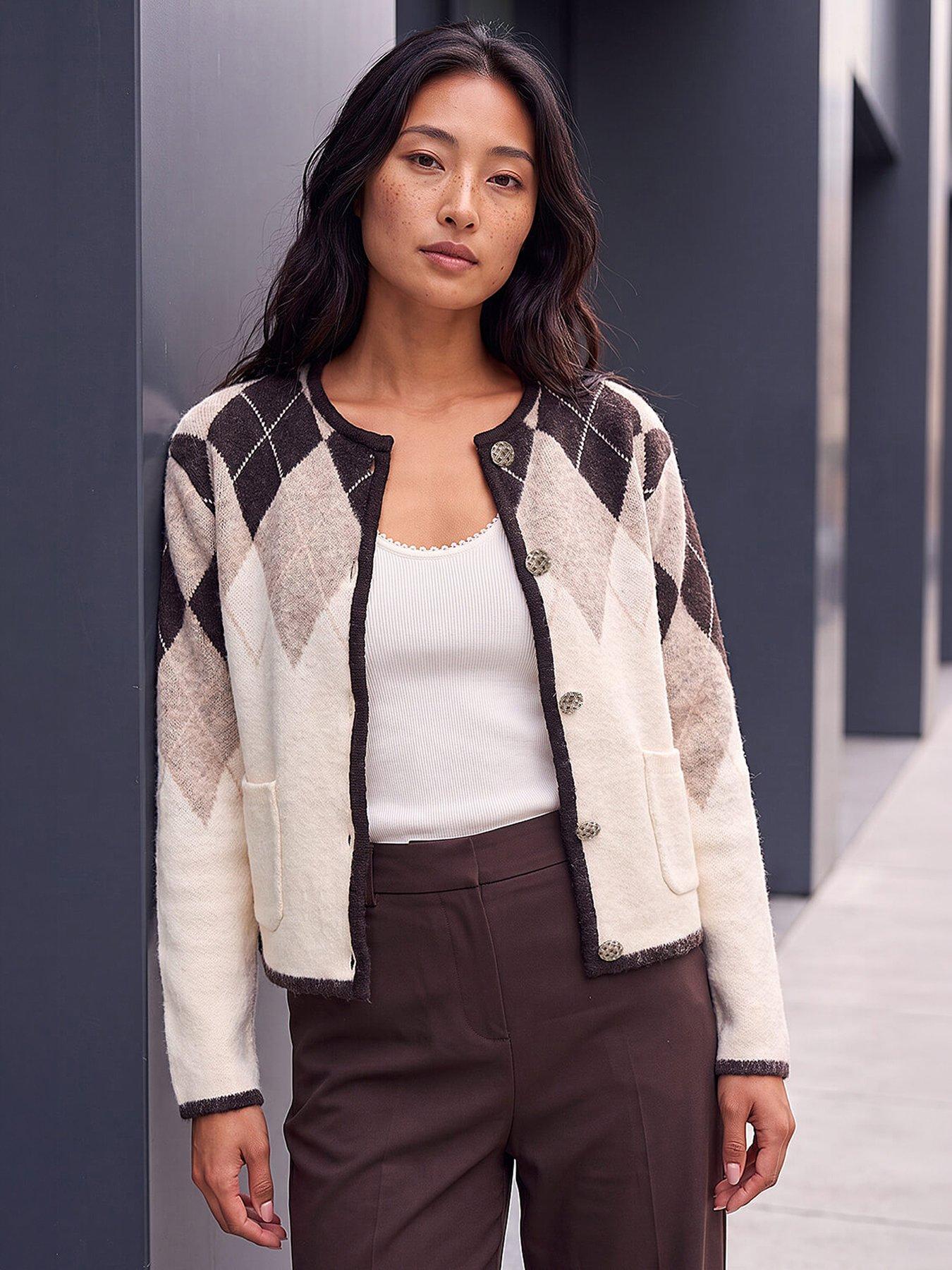 Roman Petite Buttoned Argyle Knit Cardigan - Beige