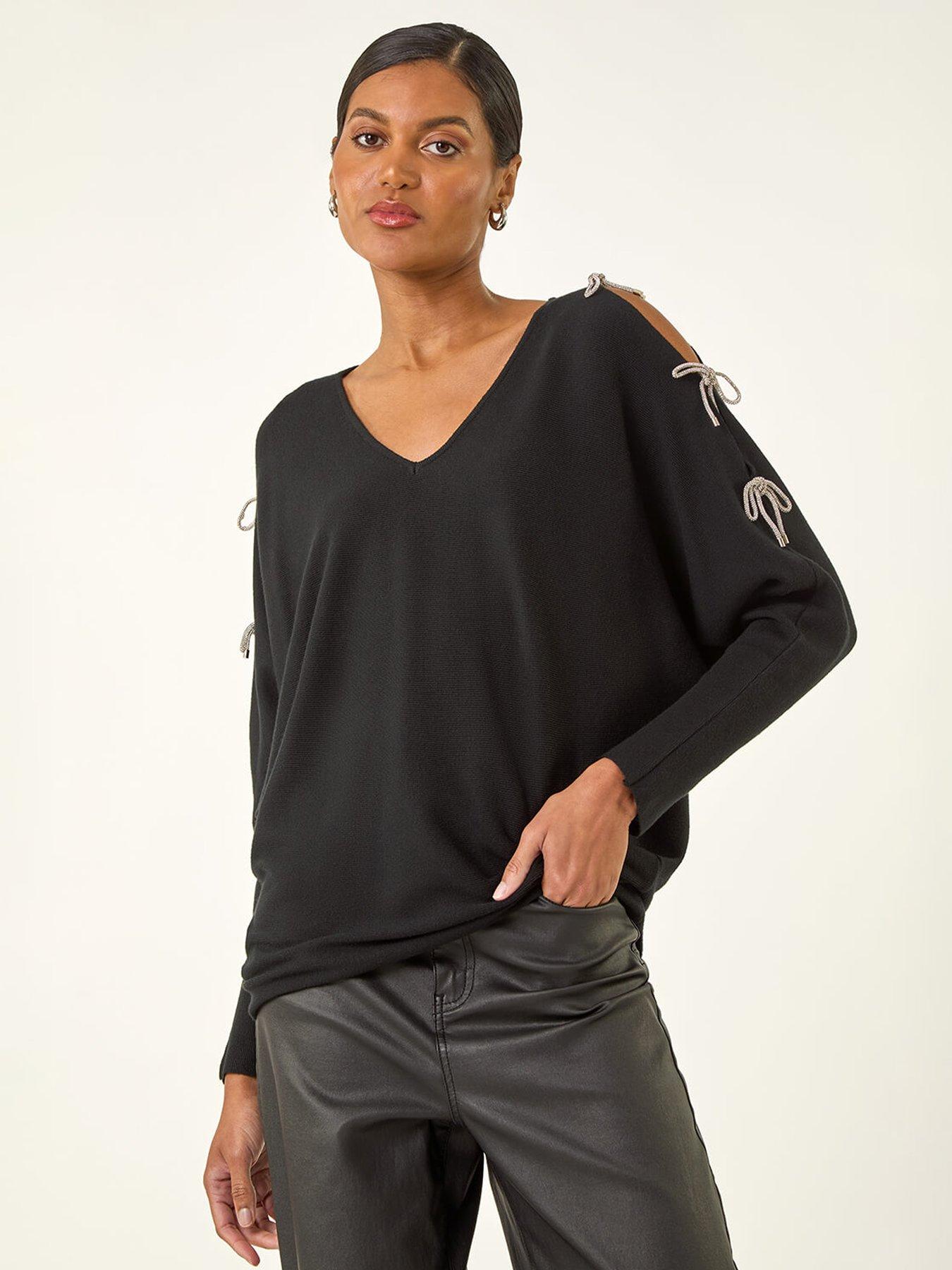 Roman Bow Sleeve V-neck Knit Poncho - Black