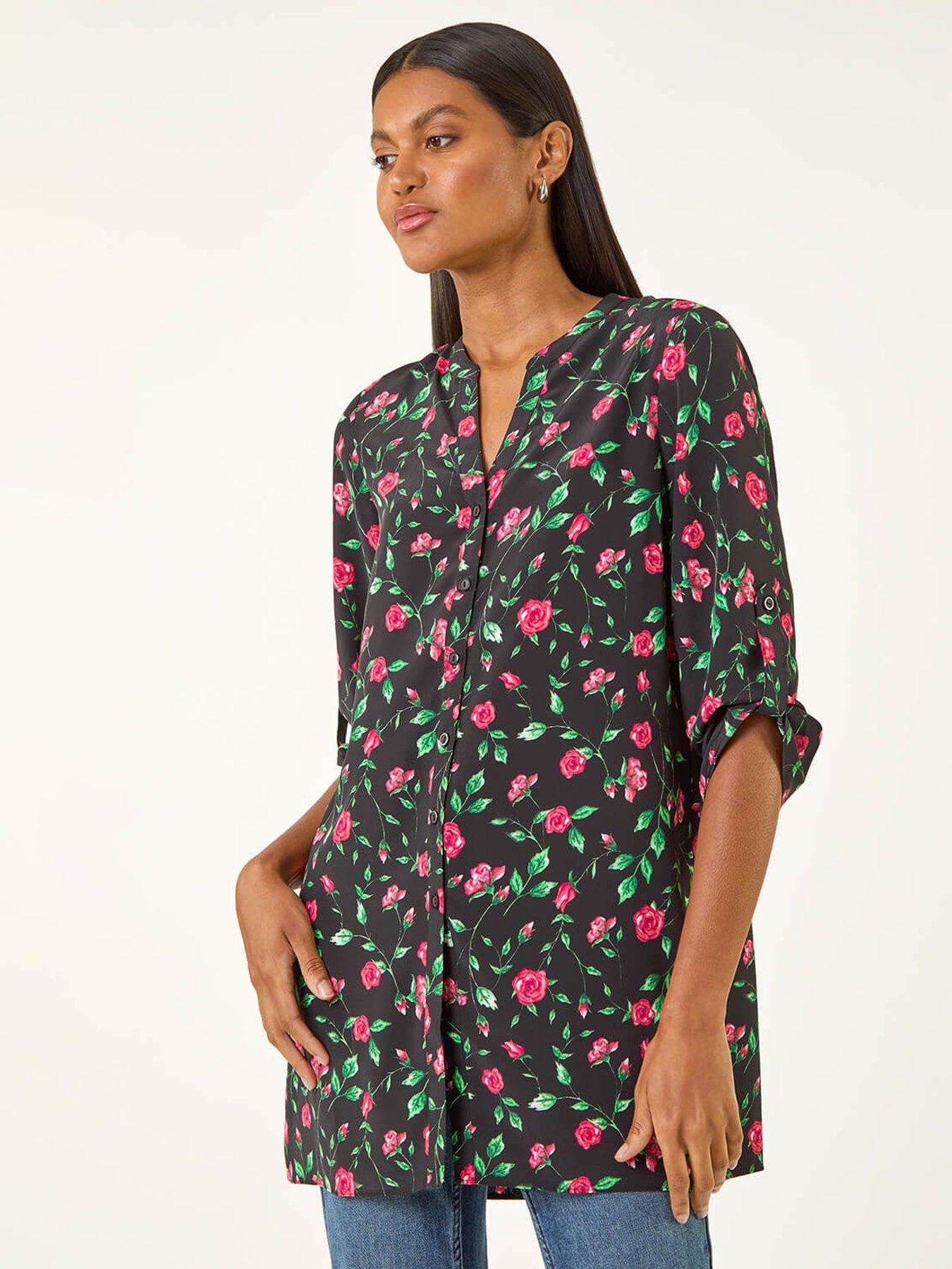 Roman Rose Print Longline Buttoned Blouse - Red