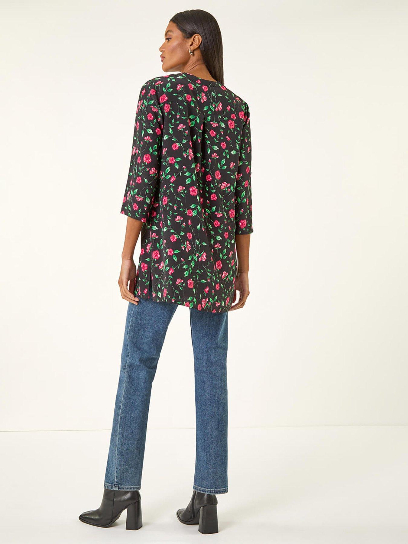 Image 2 of 5 of Roman Rose Print Longline Buttoned Blouse - Red