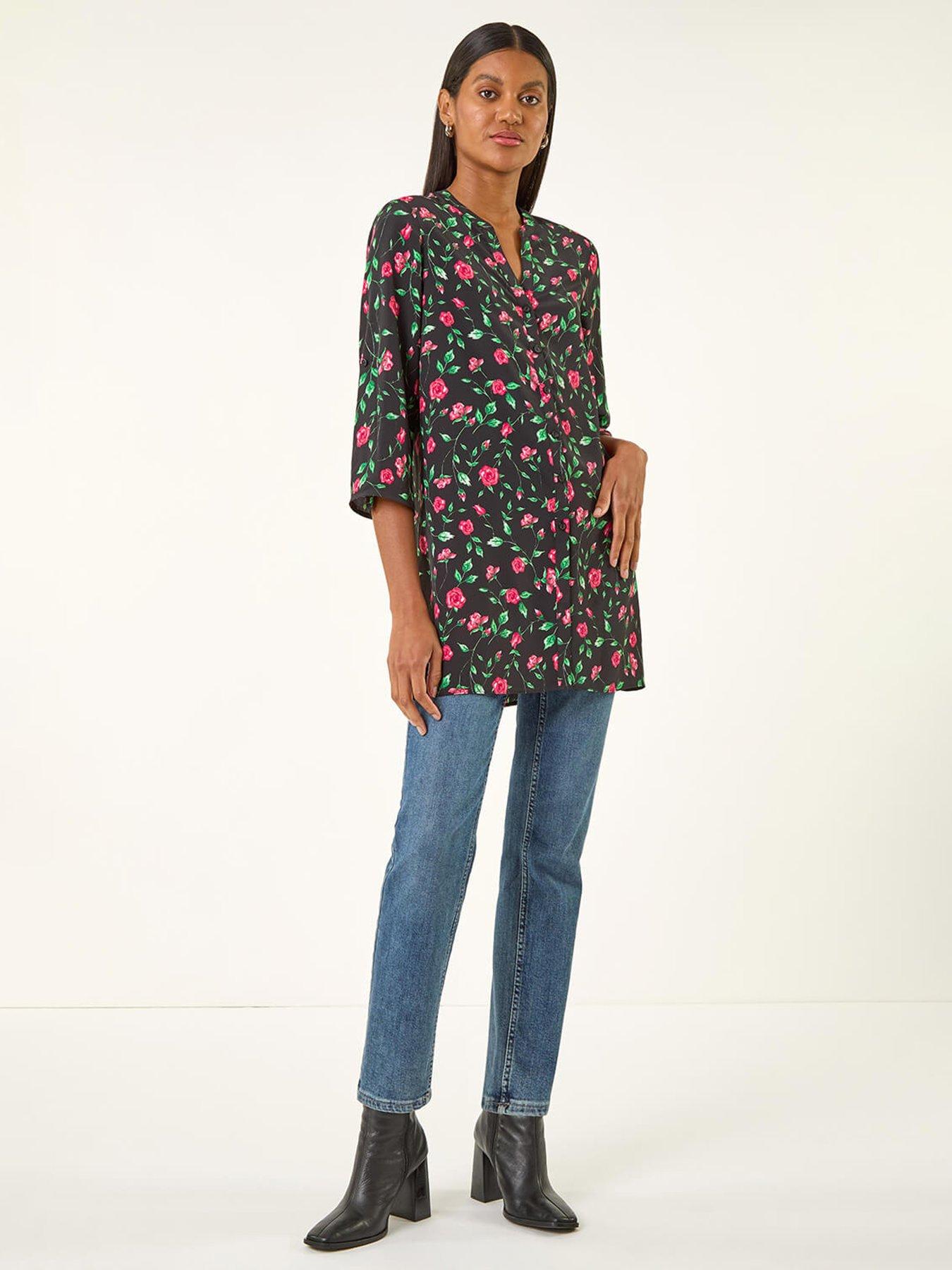 Image 3 of 5 of Roman Rose Print Longline Buttoned Blouse - Red