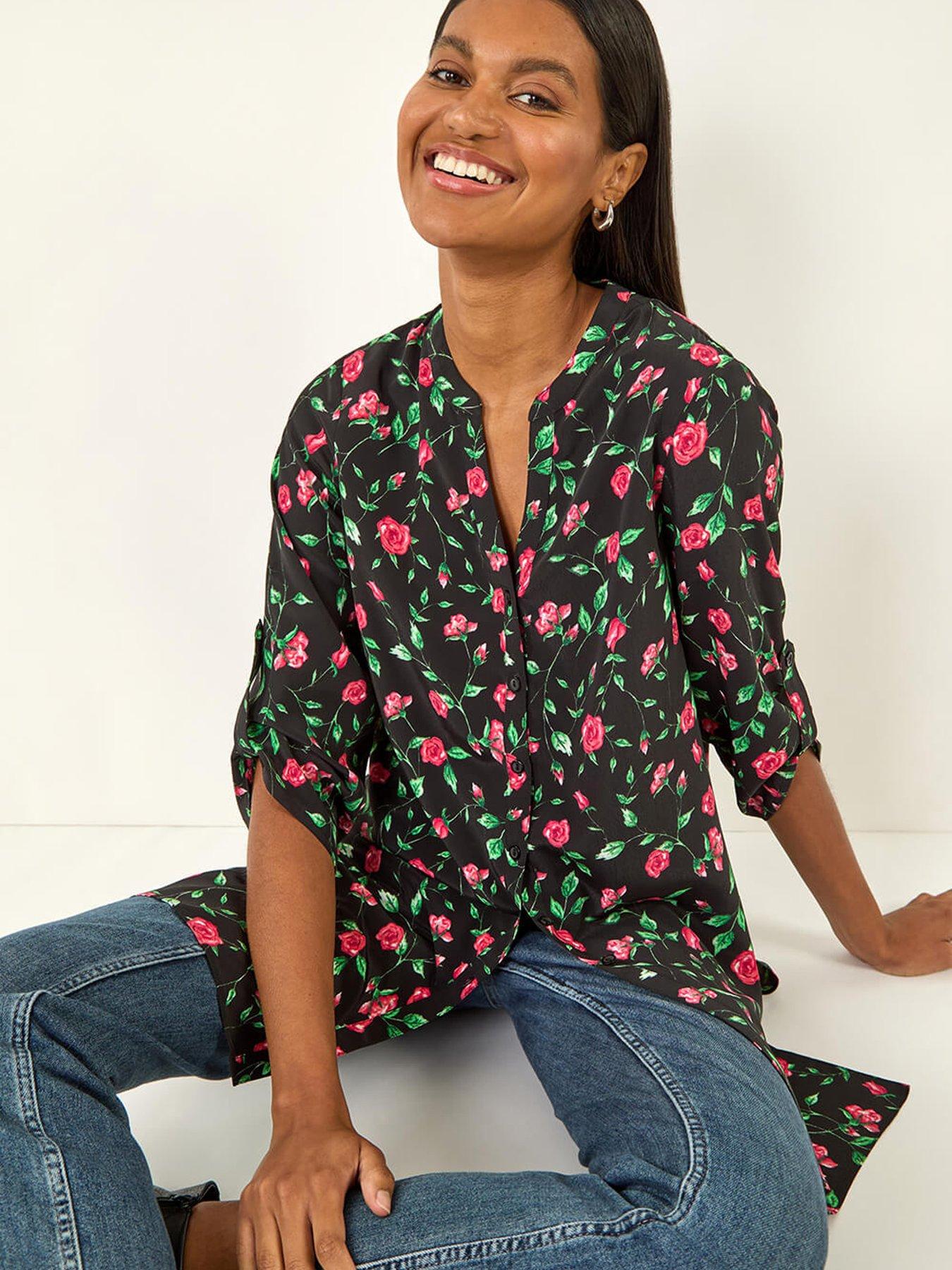 Image 4 of 5 of Roman Rose Print Longline Buttoned Blouse - Red