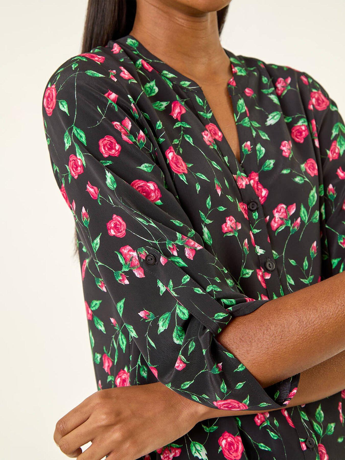 Image 5 of 5 of Roman Rose Print Longline Buttoned Blouse - Red