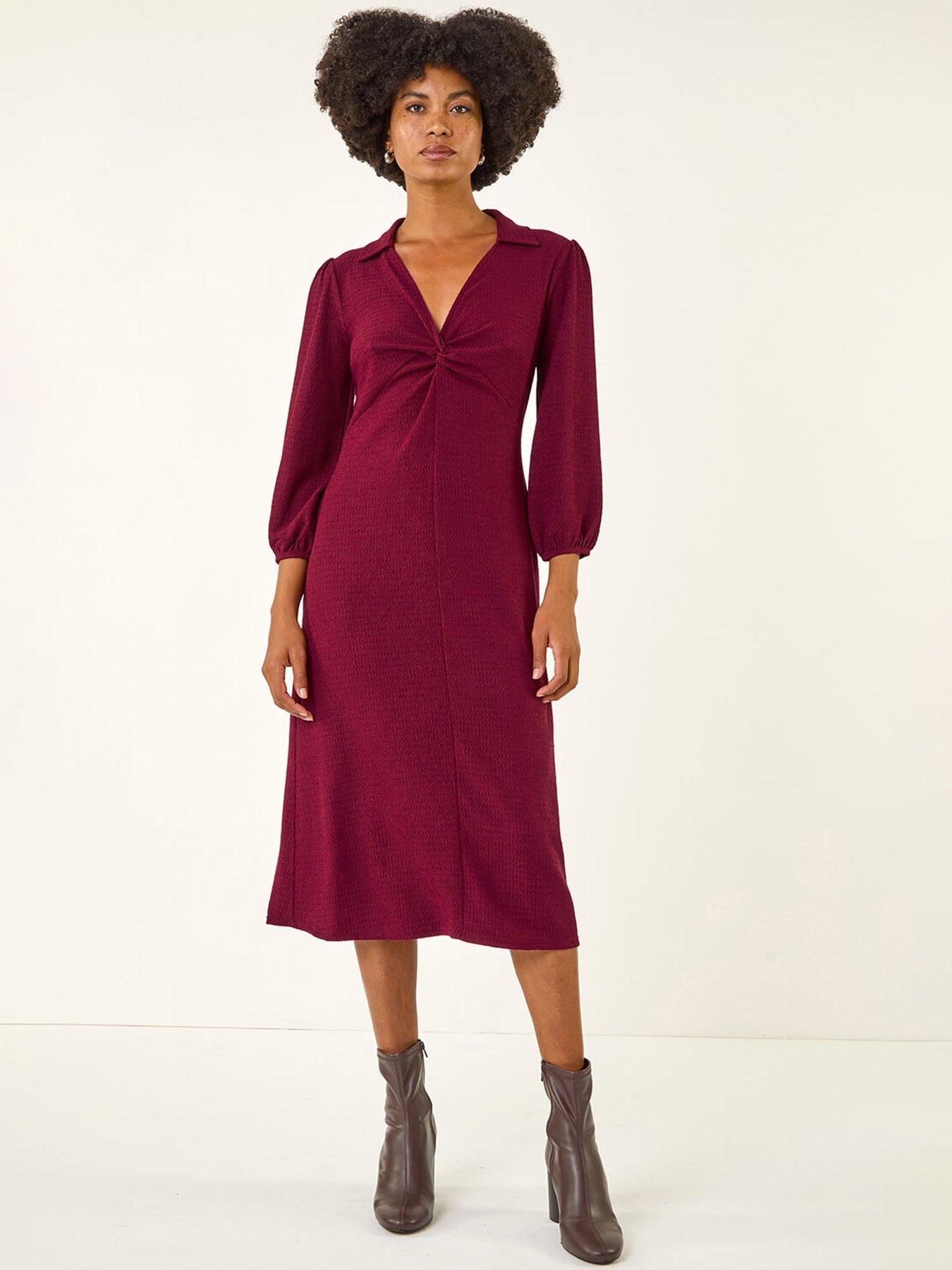 Roman Textured Collared Twist Front Dress - Red