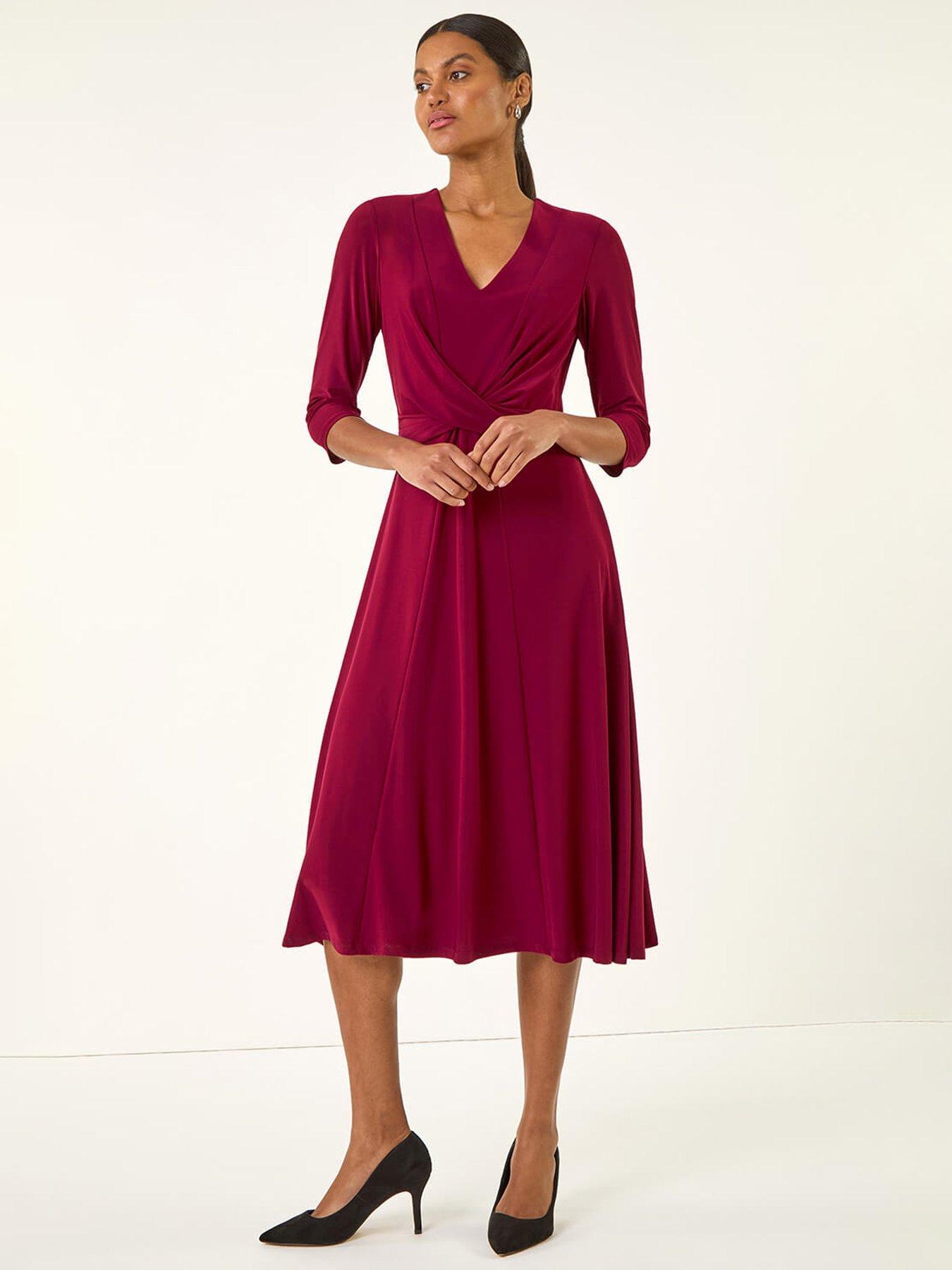 Roman Stretch Crossover Midi Dress - Red