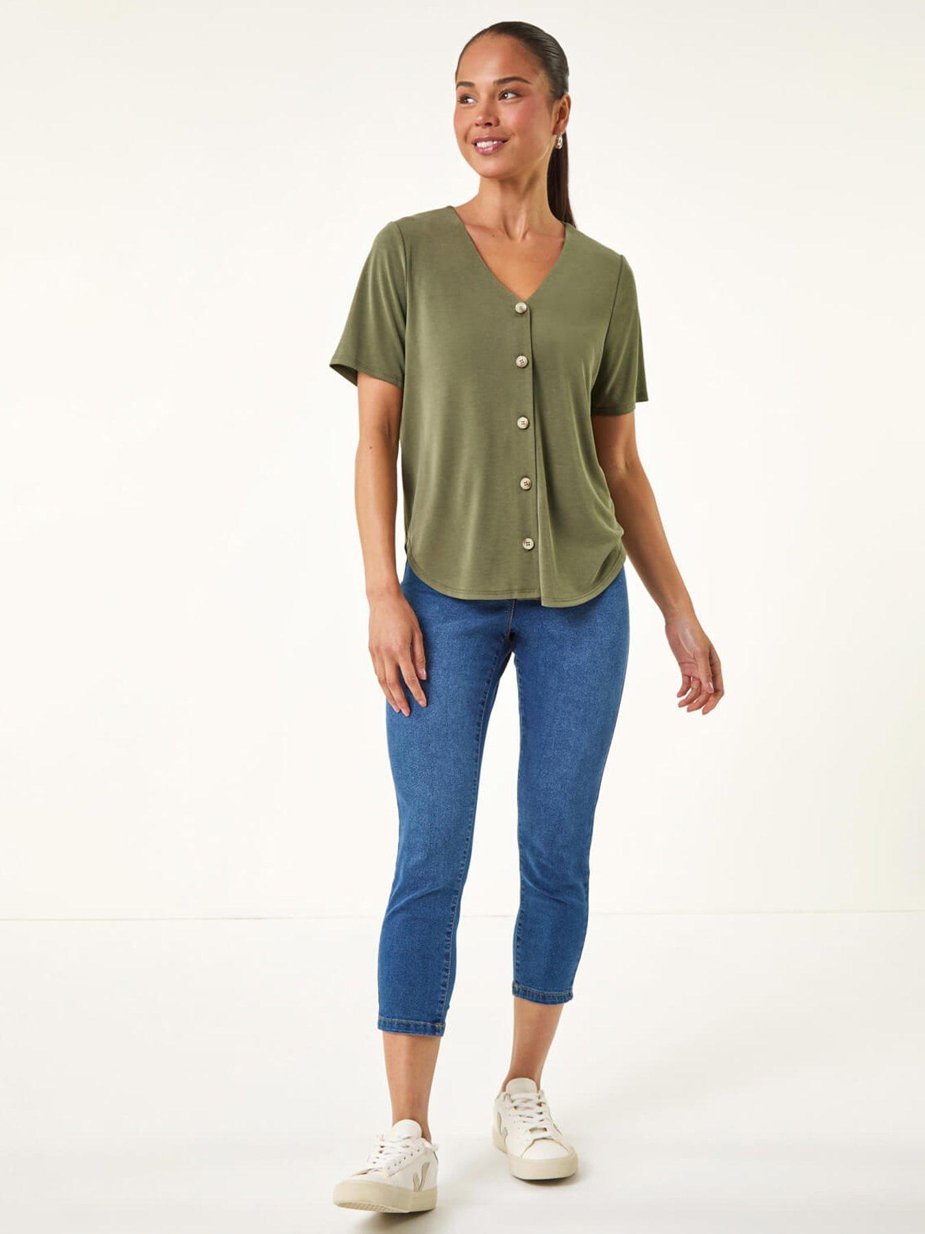 Roman Petite V-Neck Buttoned Blouse - Green