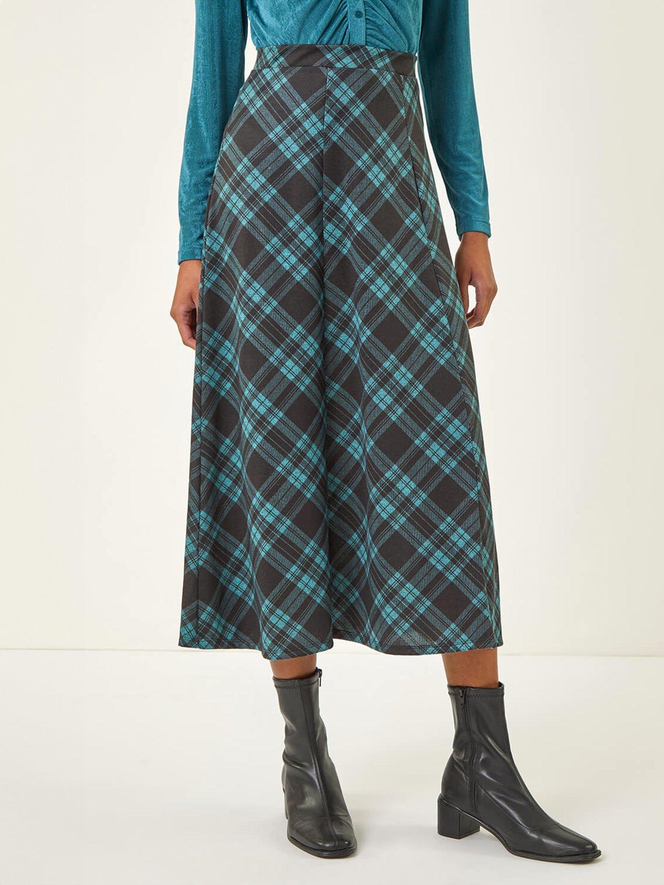 Roman Panelled Check Midi Skirt - Blue