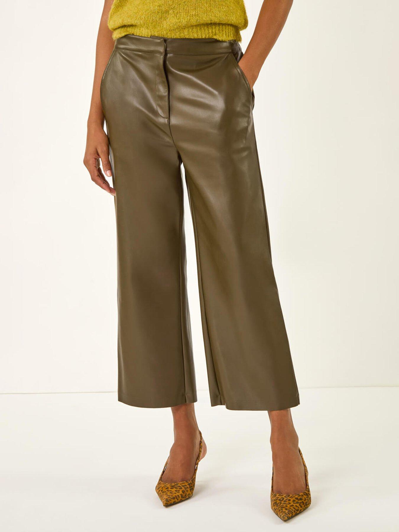Roman Faux Leather Wide Leg Crop Trousers - Green