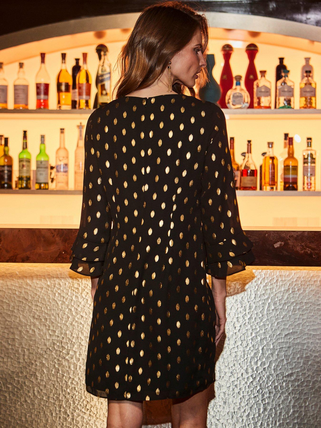 Image 2 of 6 of Sosandar Gold Fleck Print Shift Dress - Black