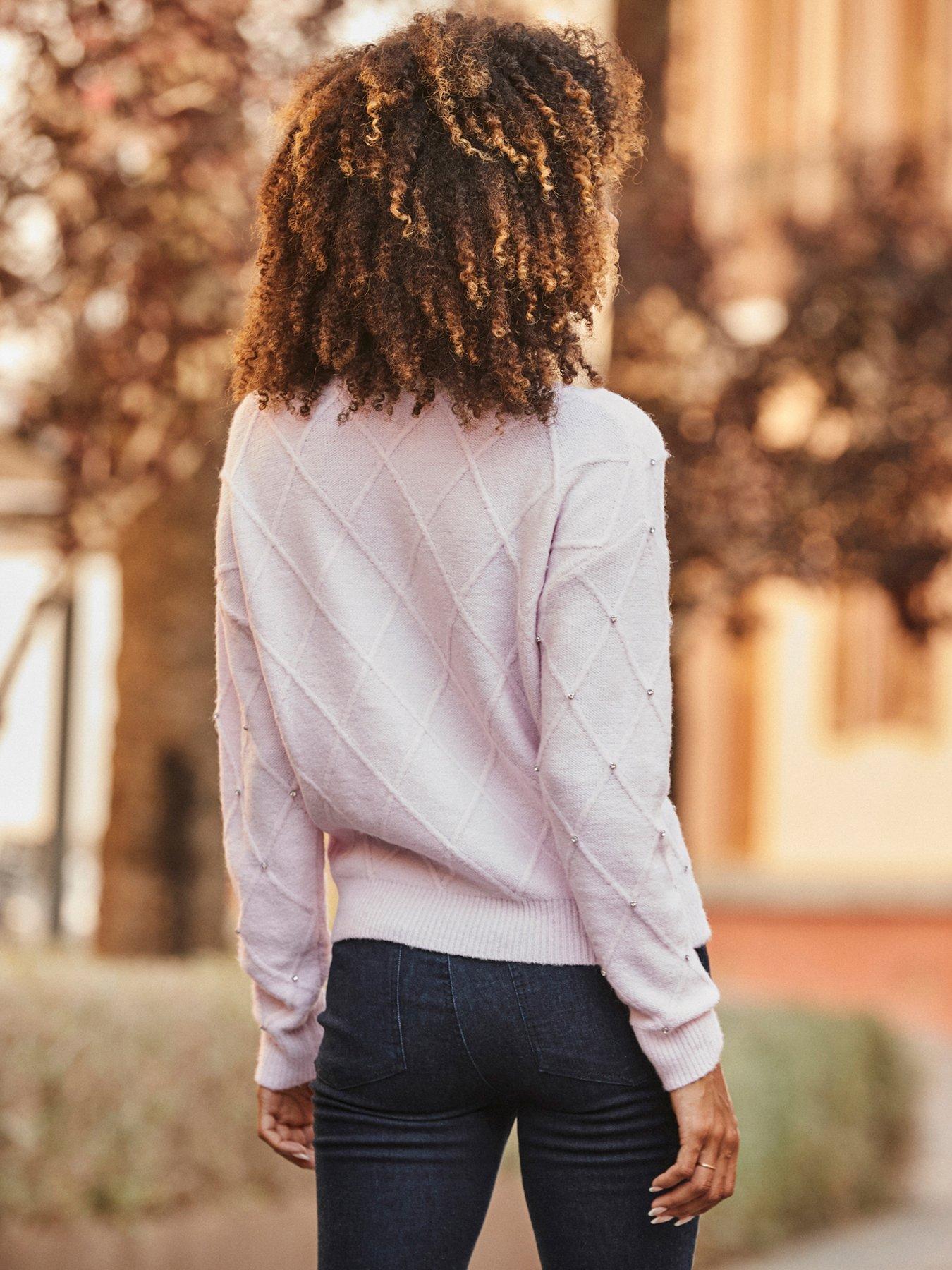 Image 2 of 6 of Sosandar Pointelle Diamante Embellished Jumper - Soft Pink
