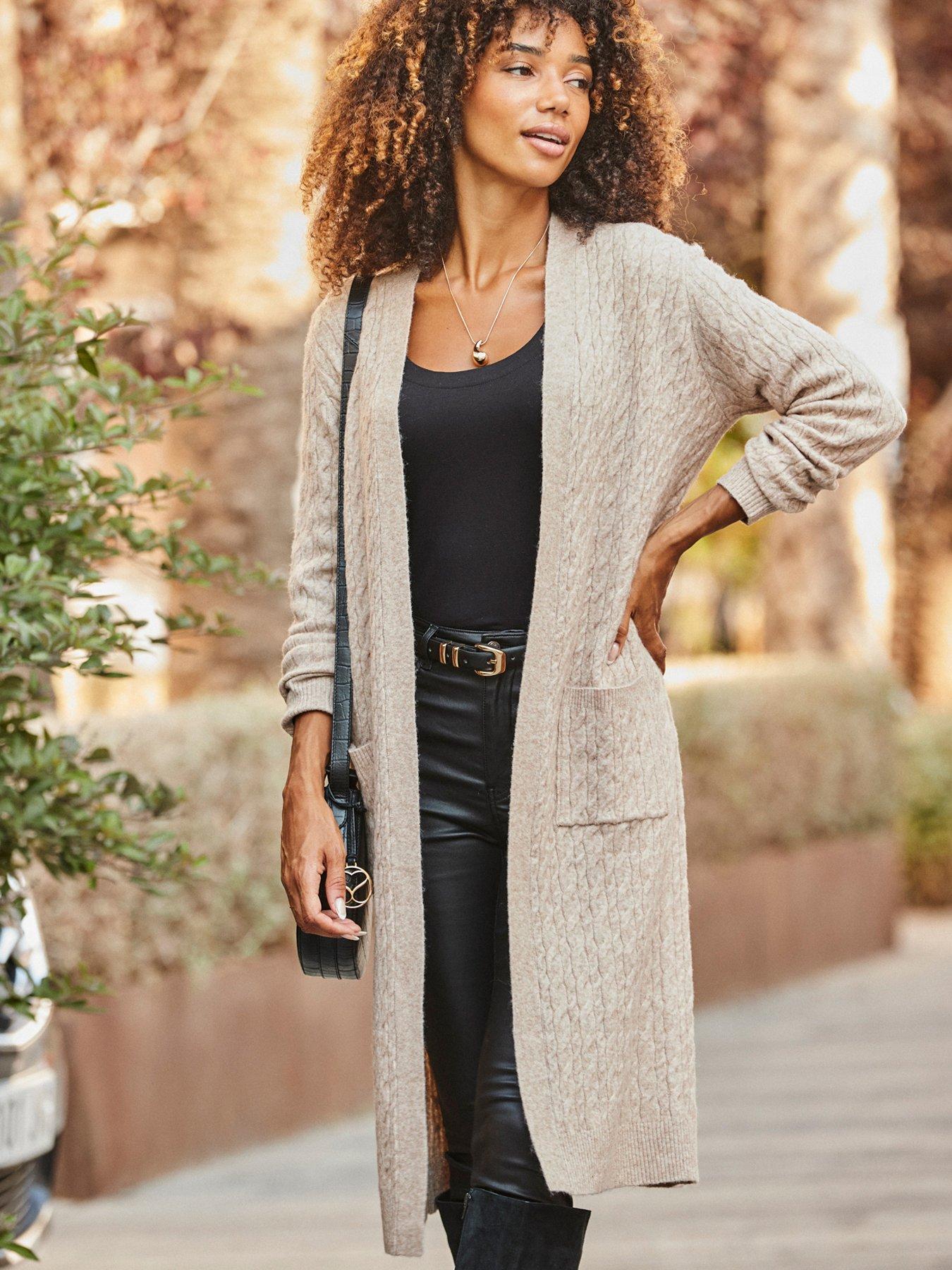 Sosandar Camel Super Cosy Cable Knit Longline Cardigan - Beige