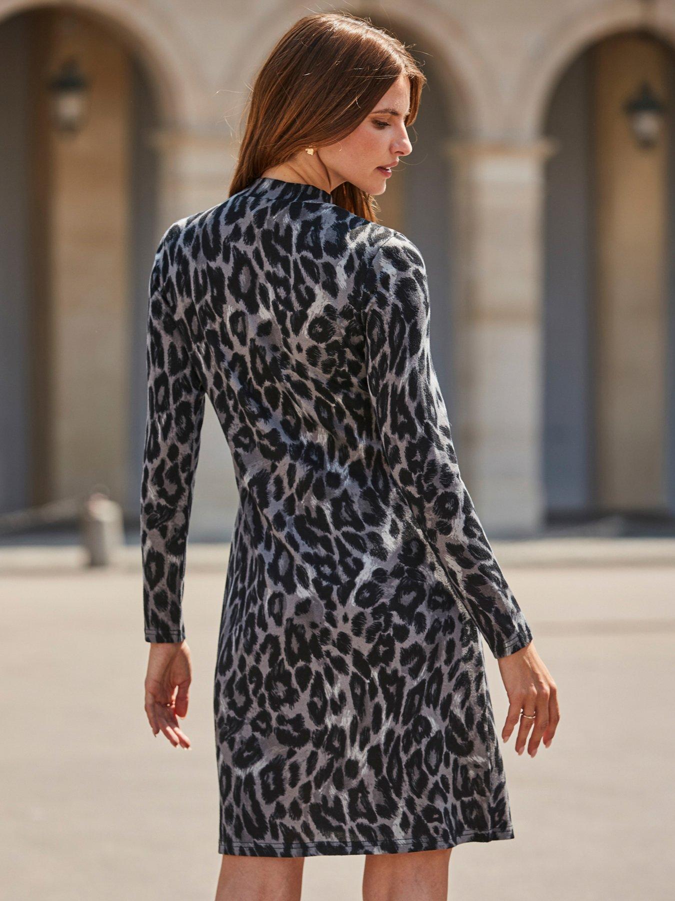 Image 2 of 6 of Sosandar Leopard Print Shift Dress - Grey