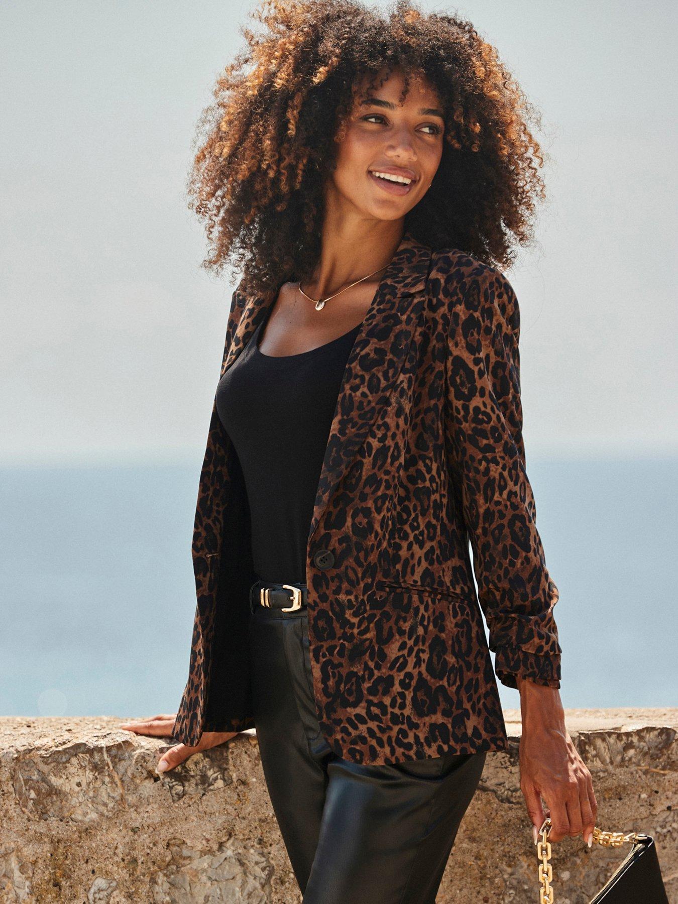 Image 1 of 3 of Sosandar Leopard Print Single Breasted Blazer - Brown