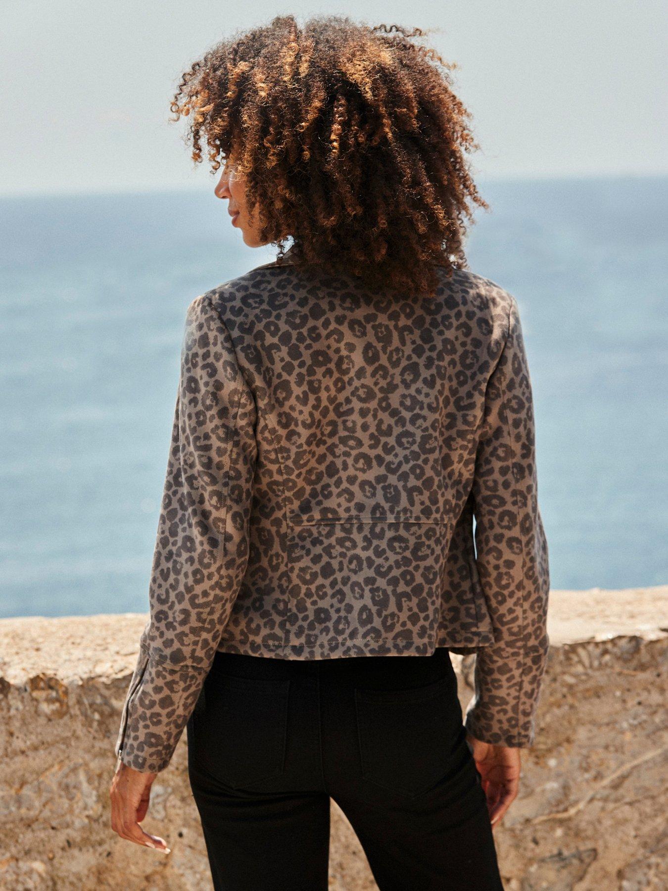 Image 2 of 6 of Sosandar Leopard Print Faux Suede Biker Jacket - Brown