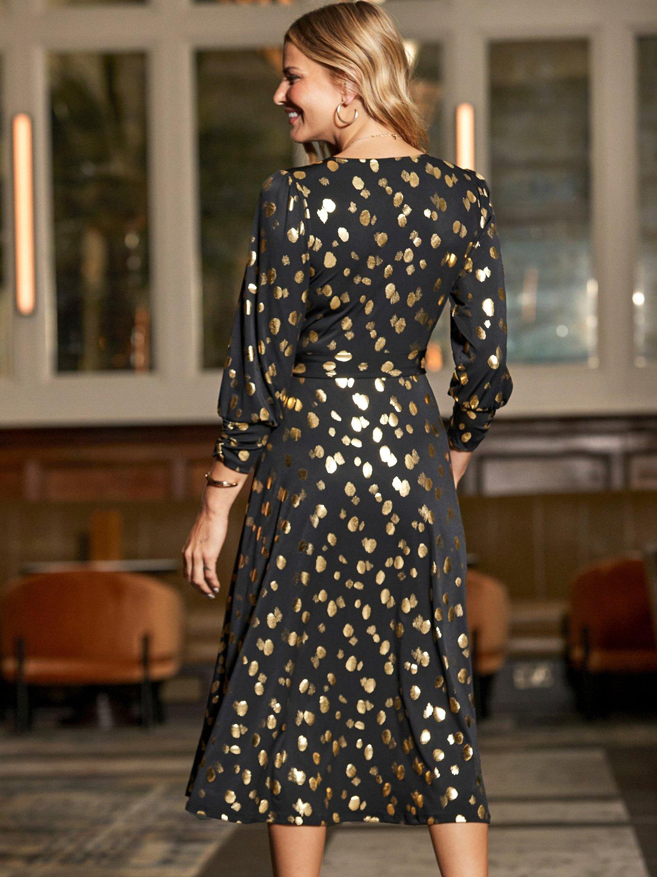 Image 2 of 6 of Sosandar &amp; Gold Metallic Spot Print Wrap Dress - Black