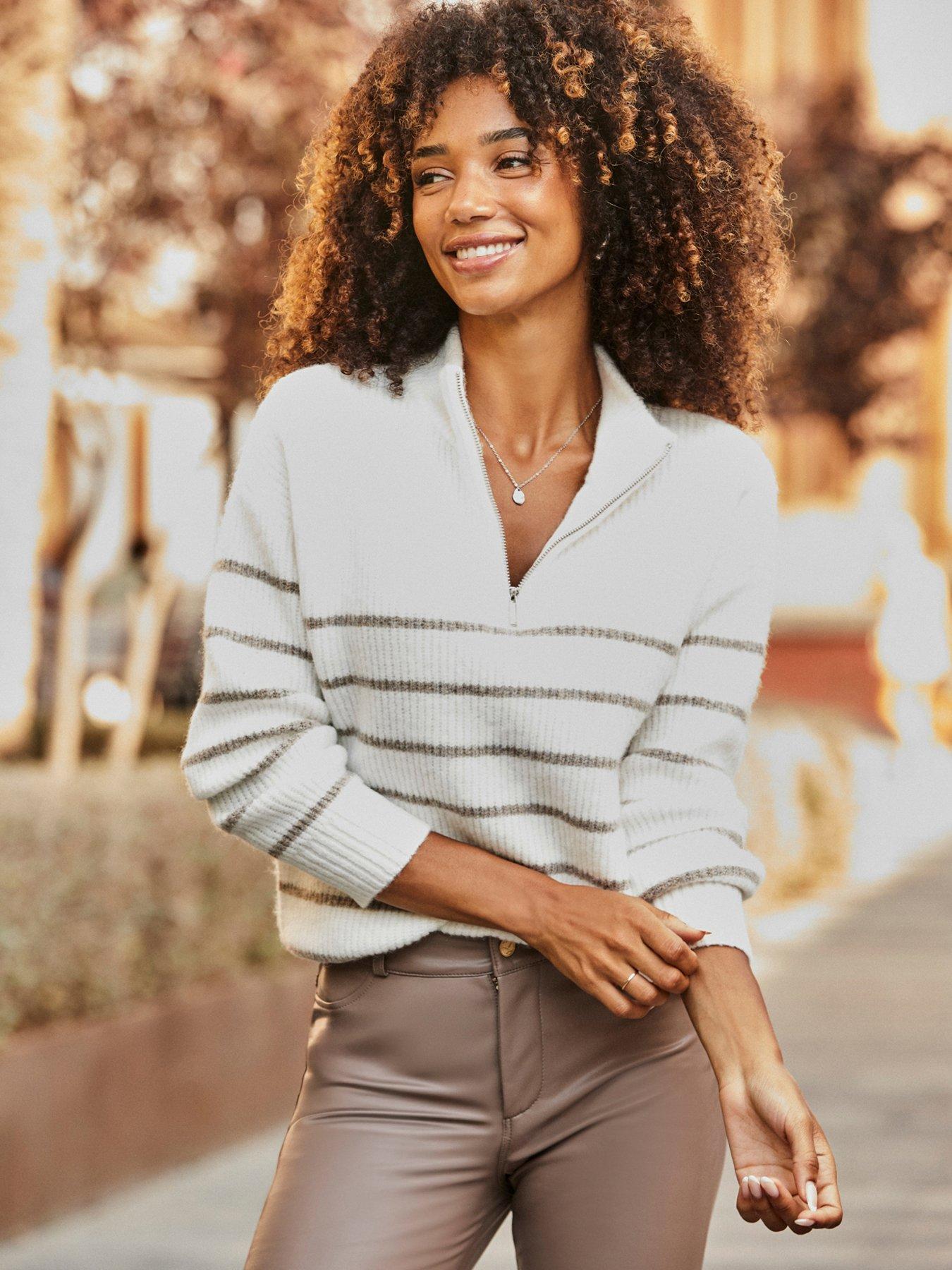 Sosandar Stripe Quarter Zip Jumper - Ivory / Taupe