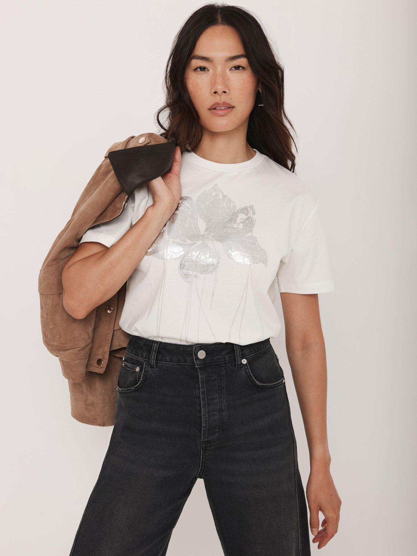Mint Velvet Ivory Metallic Flower T-Shirt - White