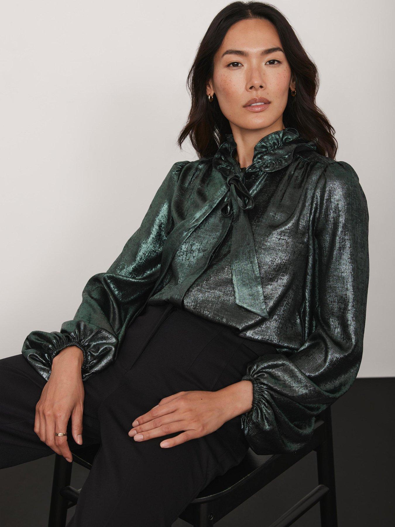 Image 1 of 6 of Mint Velvet Metallic Bow Neck Blouse - Green