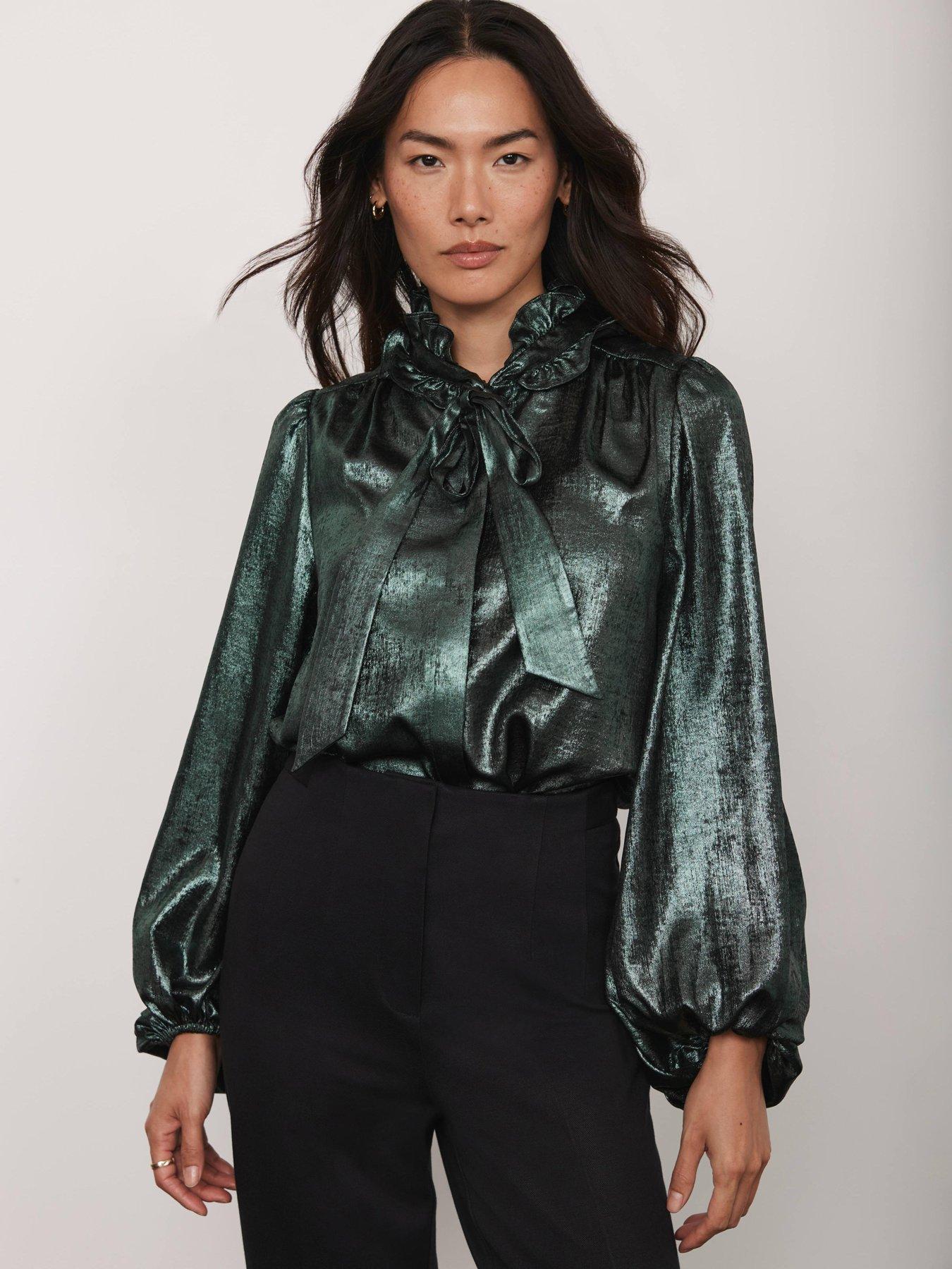 Image 2 of 6 of Mint Velvet Metallic Bow Neck Blouse - Green
