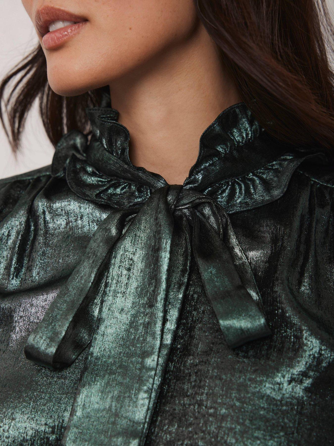 Image 4 of 6 of Mint Velvet Metallic Bow Neck Blouse - Green