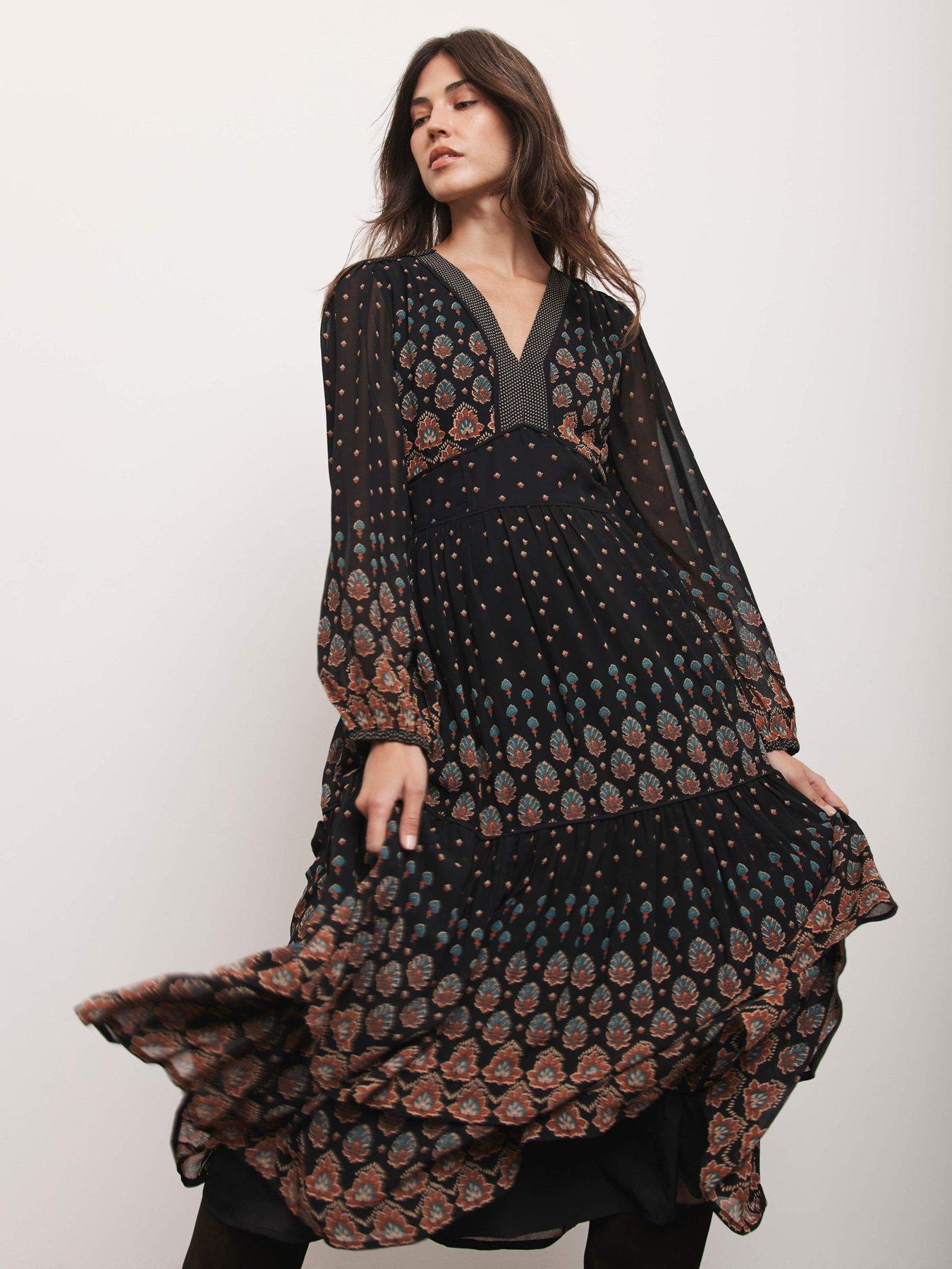 Image 1 of 6 of Mint Velvet Placement Print Tiered Dress - Black